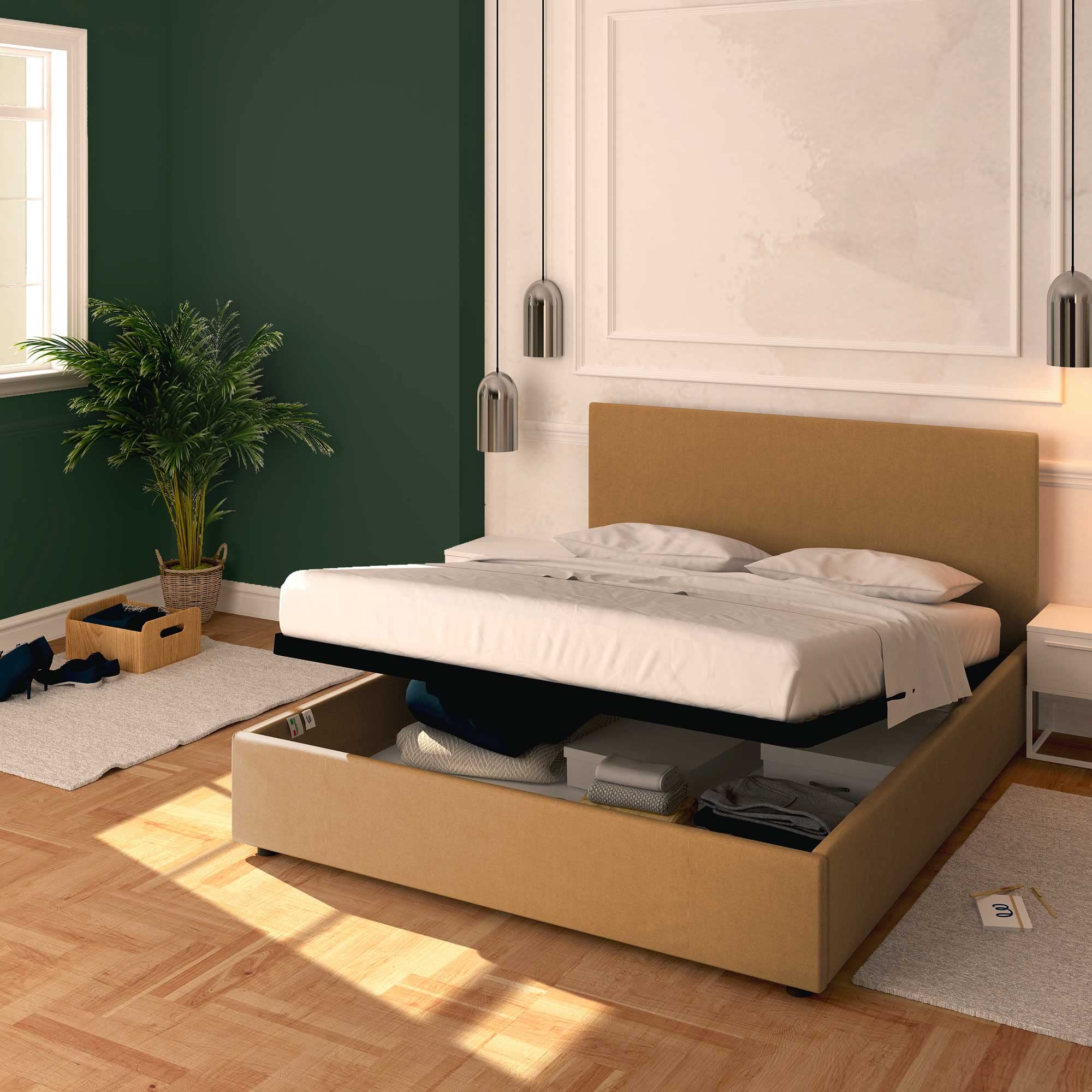 Baldiflex Rossano Queen Size Bed with Storage - Synthetic Leather Upholstery, Slatted Base for Mattress Support, 63