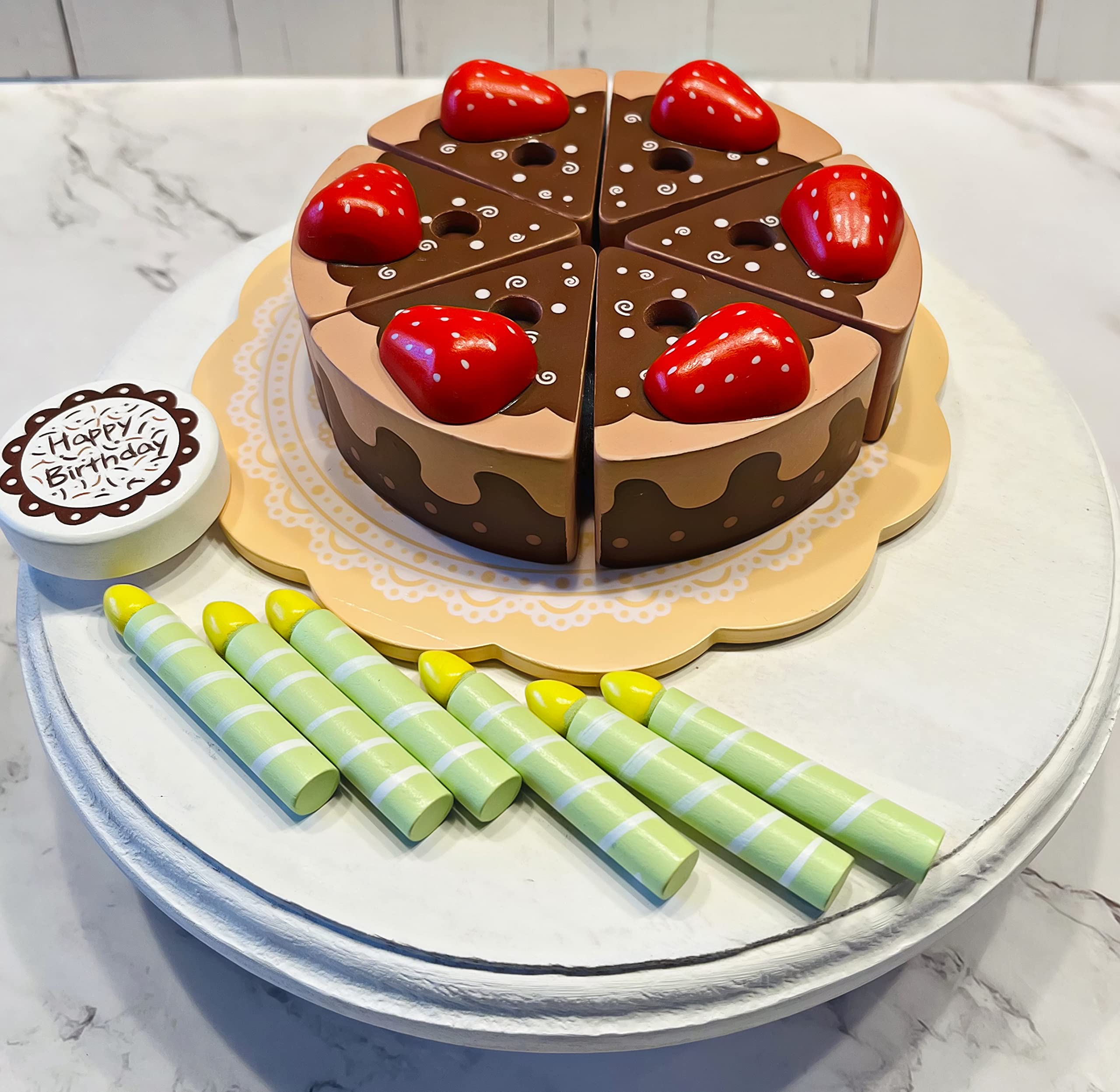 Artificial Chocolate Strawberry Fake Cake - Wooden Birthday Decoration for Parties, Weddings & Home Decor