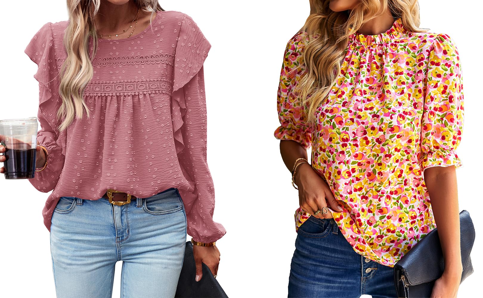 BTFBM Women's Boho Summer Tops & Long Sleeve Casual Blouses - Pink Medium Shirt for Beach Vacation, Music Festival & Everyday Wear