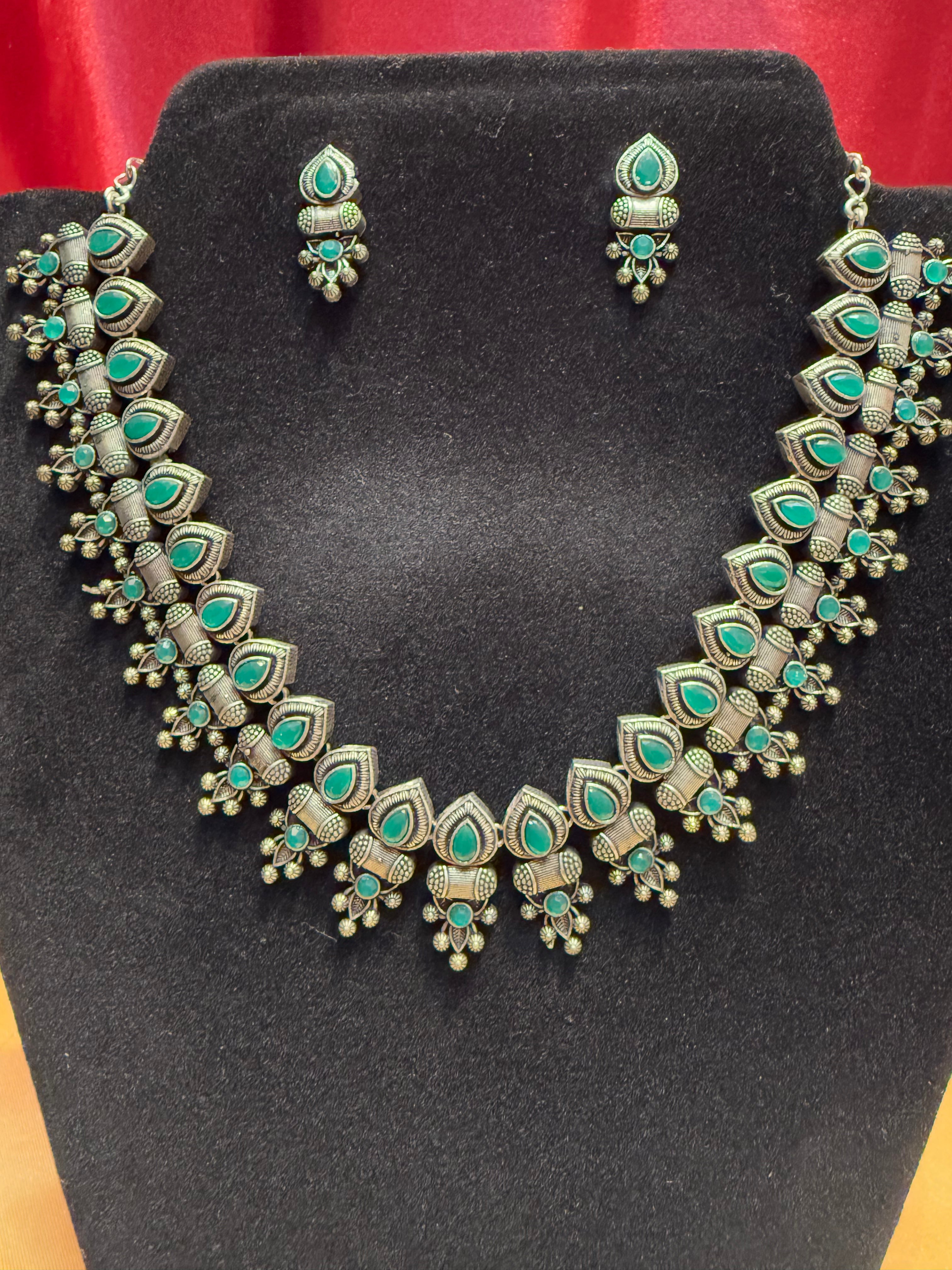 Stunning Green Stone Oxidized Necklace & Earrings Set | Handmade Bohemian Jewelry for Women | Perfect for Parties, Weddings & Everyday Wear