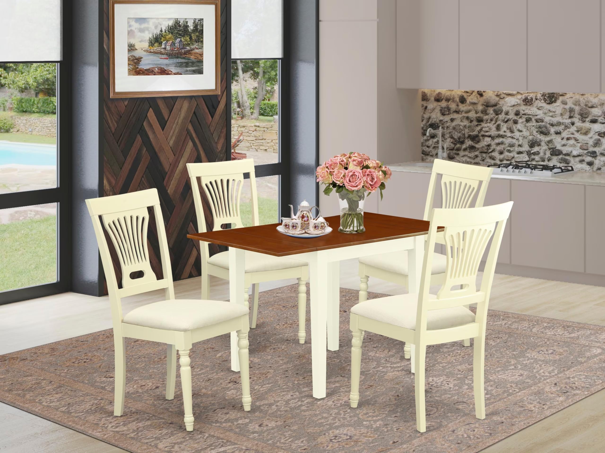 East West Furniture 5-Piece Dining Set with Drop-Leaf Table & 4 Upholstered Chairs - 30x48 Inch Buttermilk & Cherry - Perfect for Small Spaces, Breakfast Nooks & Apartment Dining Rooms