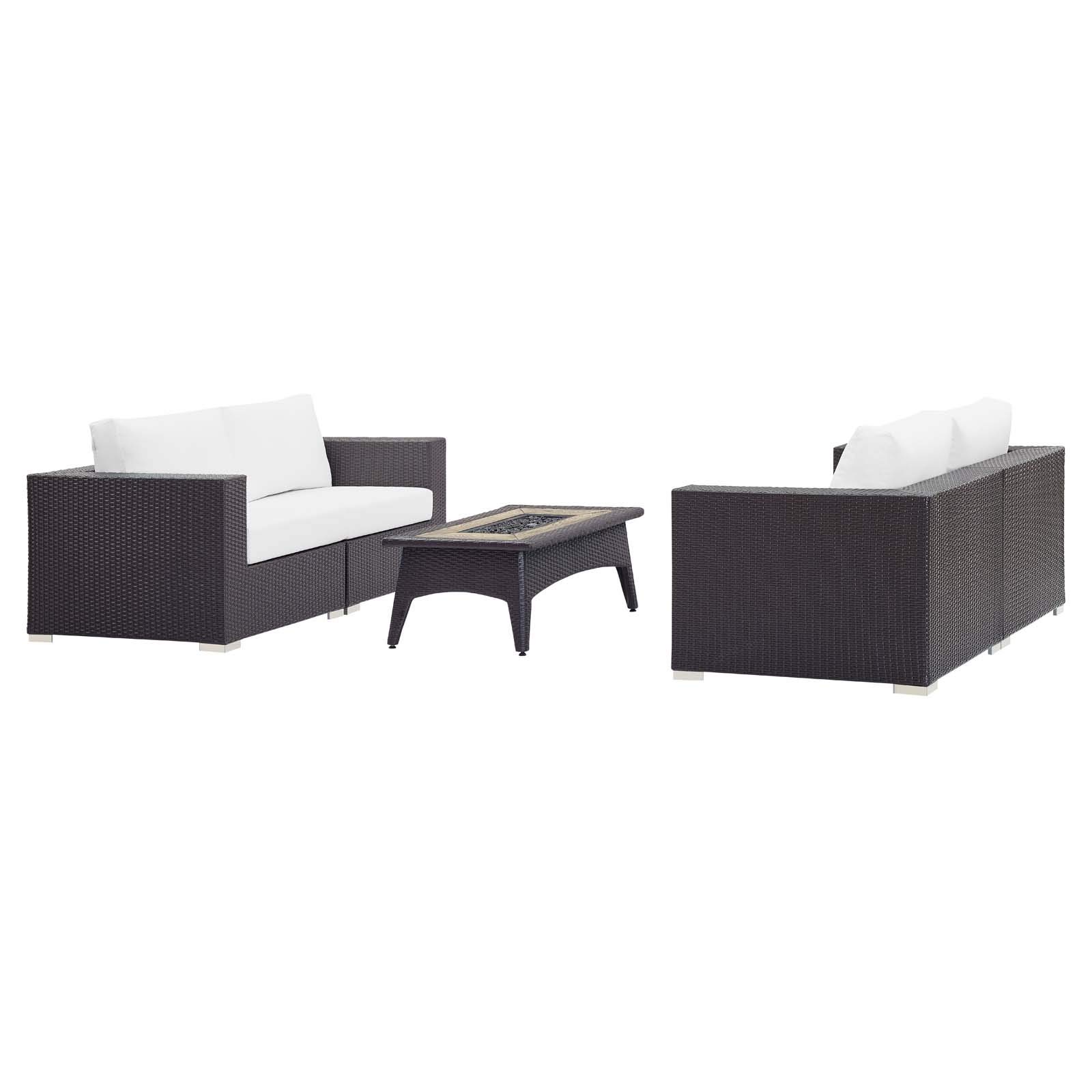 Modern Outdoor Patio Lounge Sofa Set with Fire Pit - Wicker Rattan Furniture for Garden, Backyard, Poolside - White Fabric Cushions & Coffee Table - Perfect for Relaxing, Entertaining, and Outdoor Gatherings