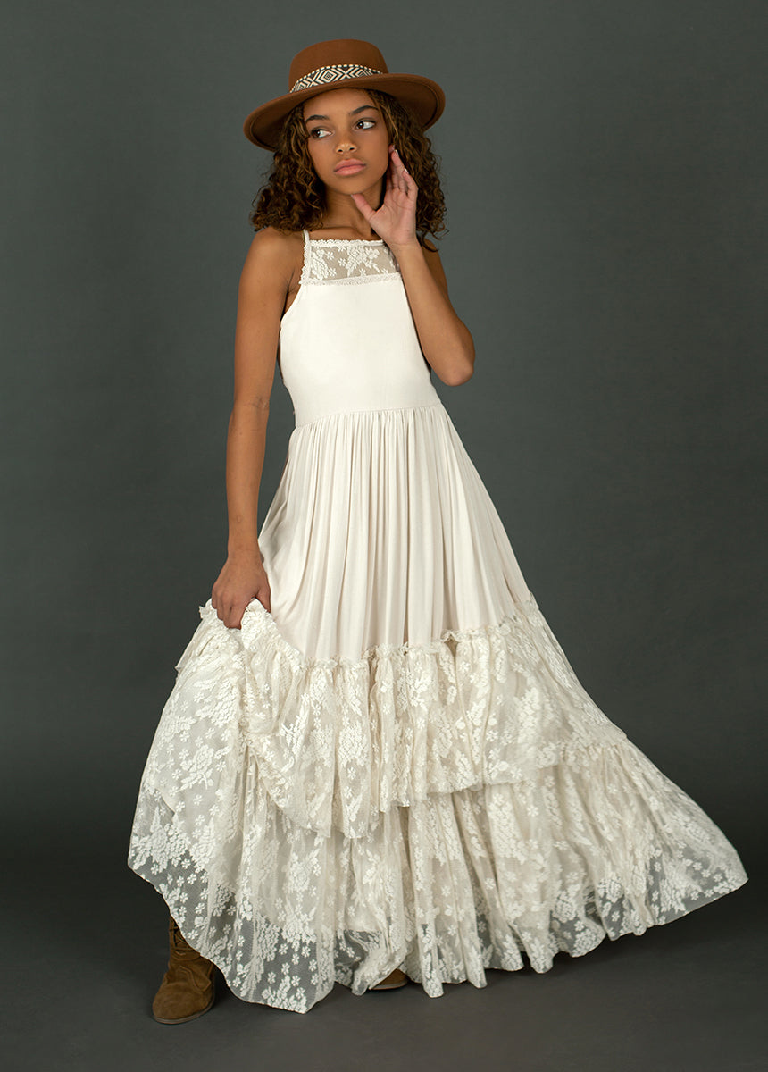 Catrin Dress in Cream | Elegant Women's Floral Maxi Dress for Summer, Beach, and Special Occasions