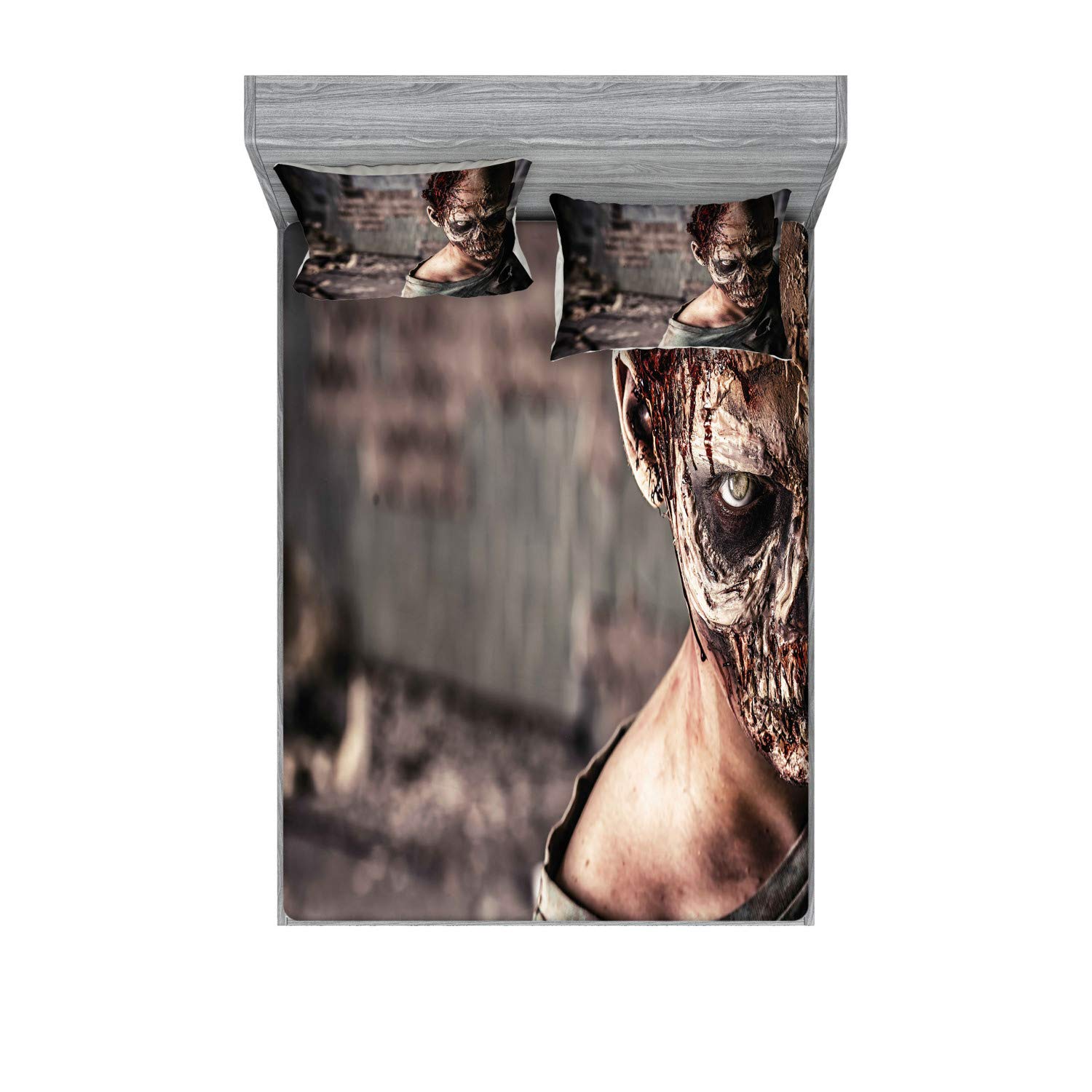 Ambesonne Zombie Halloween Bedding Set - King Size Fitted Sheet & Pillow Sham with Horror House & Undead Character Print | Scary Decor for Halloween Parties, Haunted House Themes & Gothic Bedroom Decor