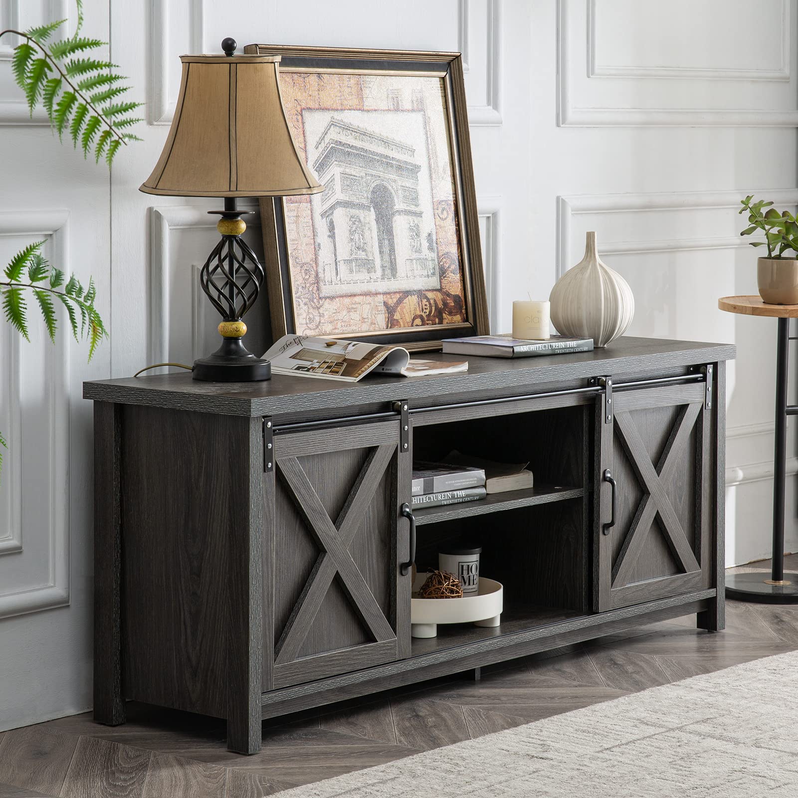 Modern Farmhouse TV Stand with Sliding Barn Doors - 65 Inch Media Console with 2-Tier Storage Cabinets - Rustic Entertainment Center for Living Room & Bedroom - Dark Grey - Perfect for Farmhouse Decor & Home Theater Setup