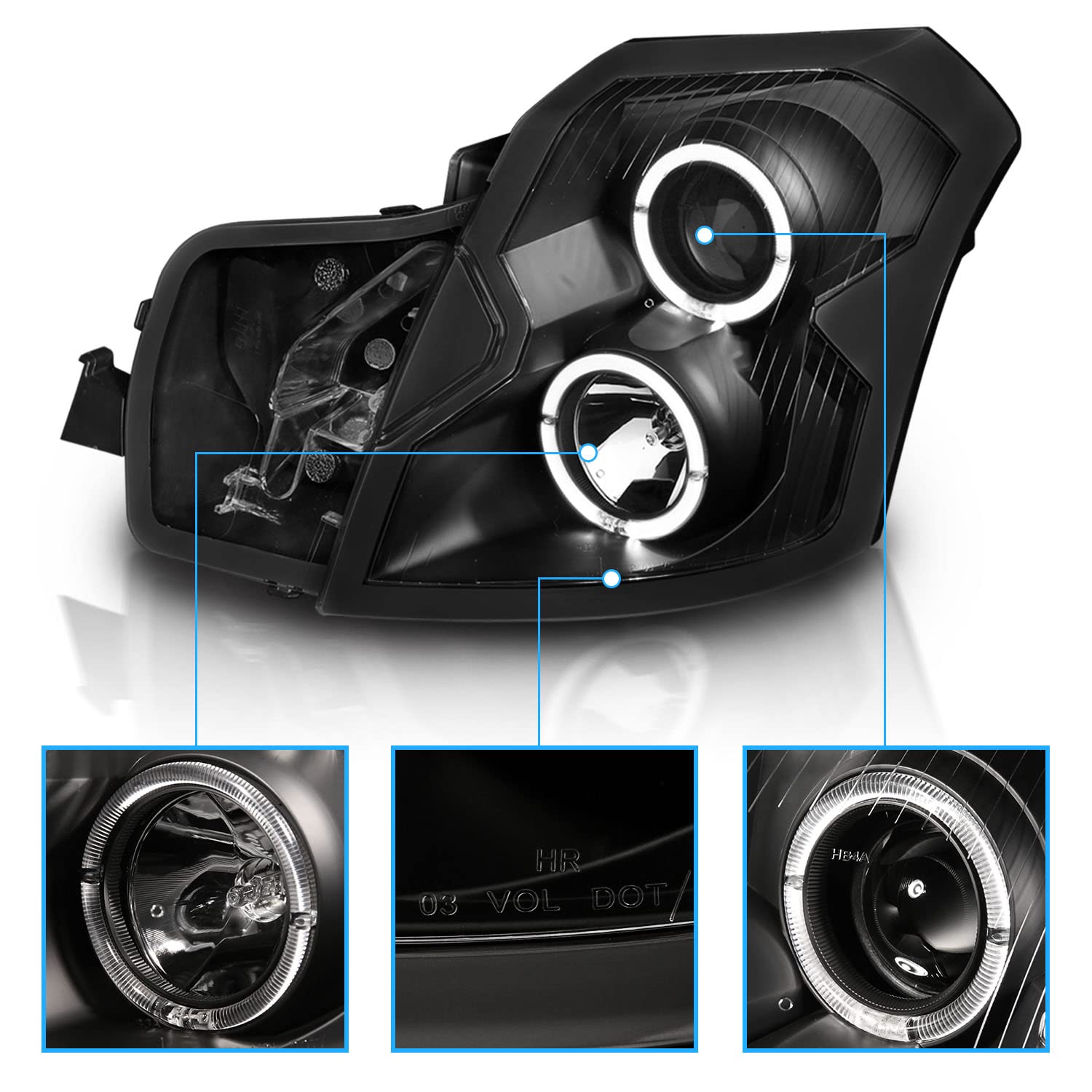 2003-2007 Cadillac CTS LED Halo Black Projector Headlights Pair - Direct Replacement for Factory Headlights | Perfect for Night Driving & Car Customization