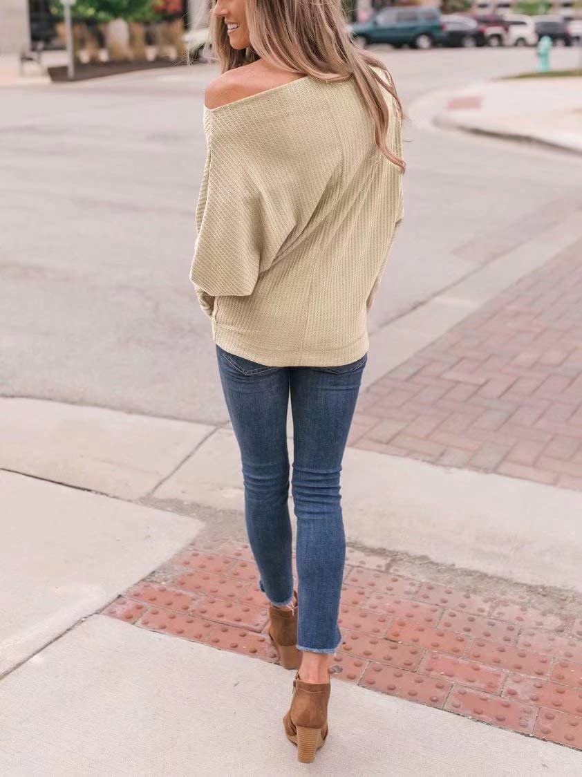 Lacozy Women's Off Shoulder Waffle Knit Oversized Sweatshirt - Long Sleeve Tunic Pullover for Casual Wear, Date Night & Fall Layering