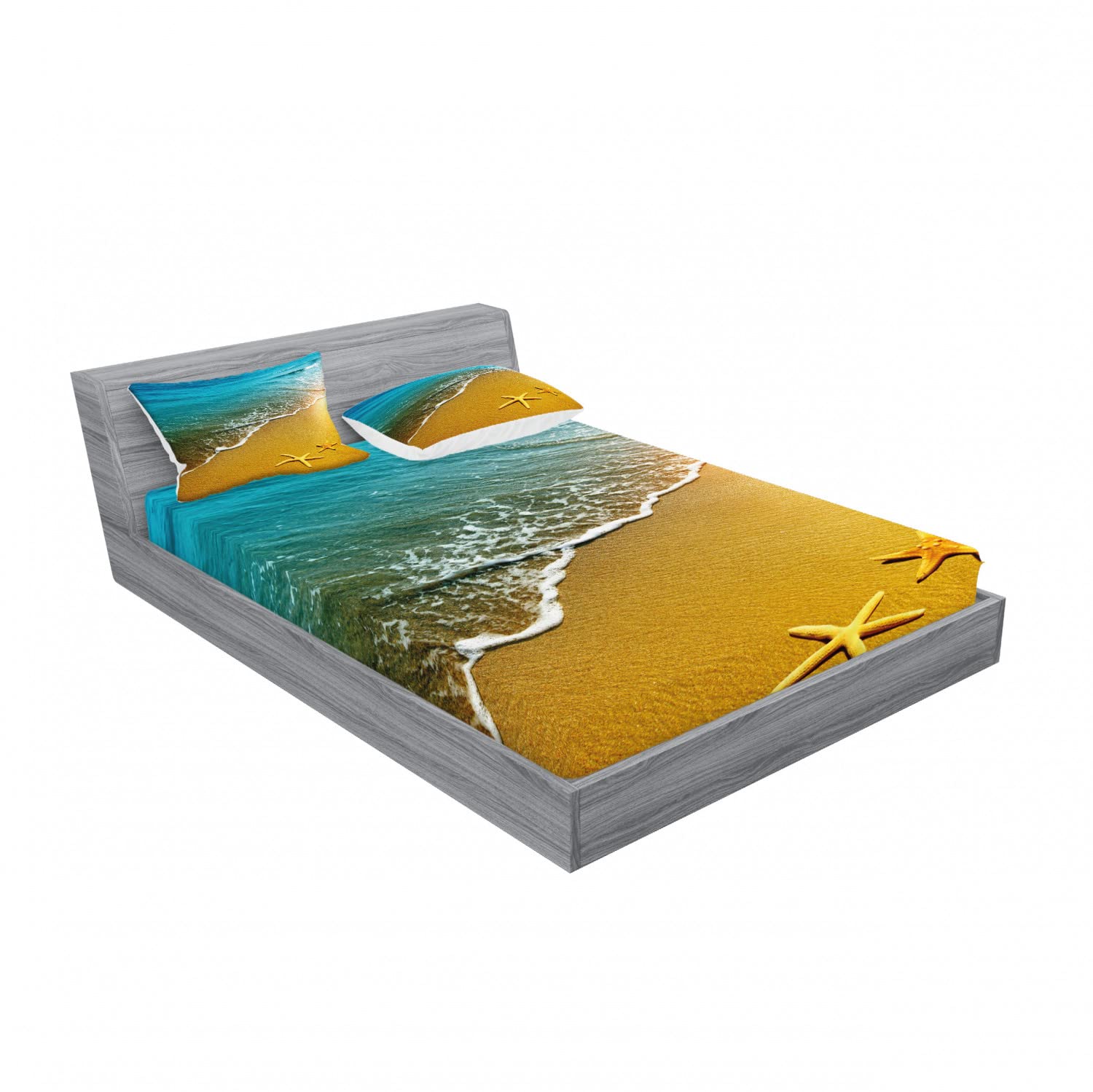 Ambesonne 2-Piece King Size Fitted Sheet & Pillow Sham Set - Caribbean Ocean Theme, Pale Blue & Marigold Bedding Decor (Includes 2 Fitted Sheets & 4 Pillow Covers) | Perfect for Beach House, Coastal Decor & Tropical Bedroom Themes