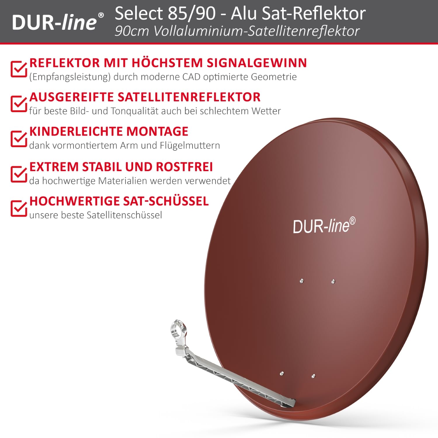 DUR-line Select 85cm x 90cm Aluminum Satellite Dish - High Performance Red Antenna for Strong Signal Reception - Perfect for RV, Camping & Rural Areas