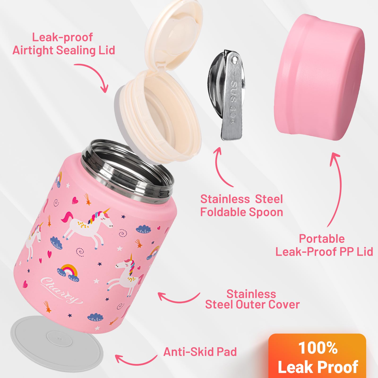 Charcy 17oz Kids Insulated Food Thermos for Hot & Cold Meals - Leak-Proof Stainless Steel Soup Thermo with Folding Spoon, Perfect for School Lunches, Picnics & Travel - Pink Unicorn Design