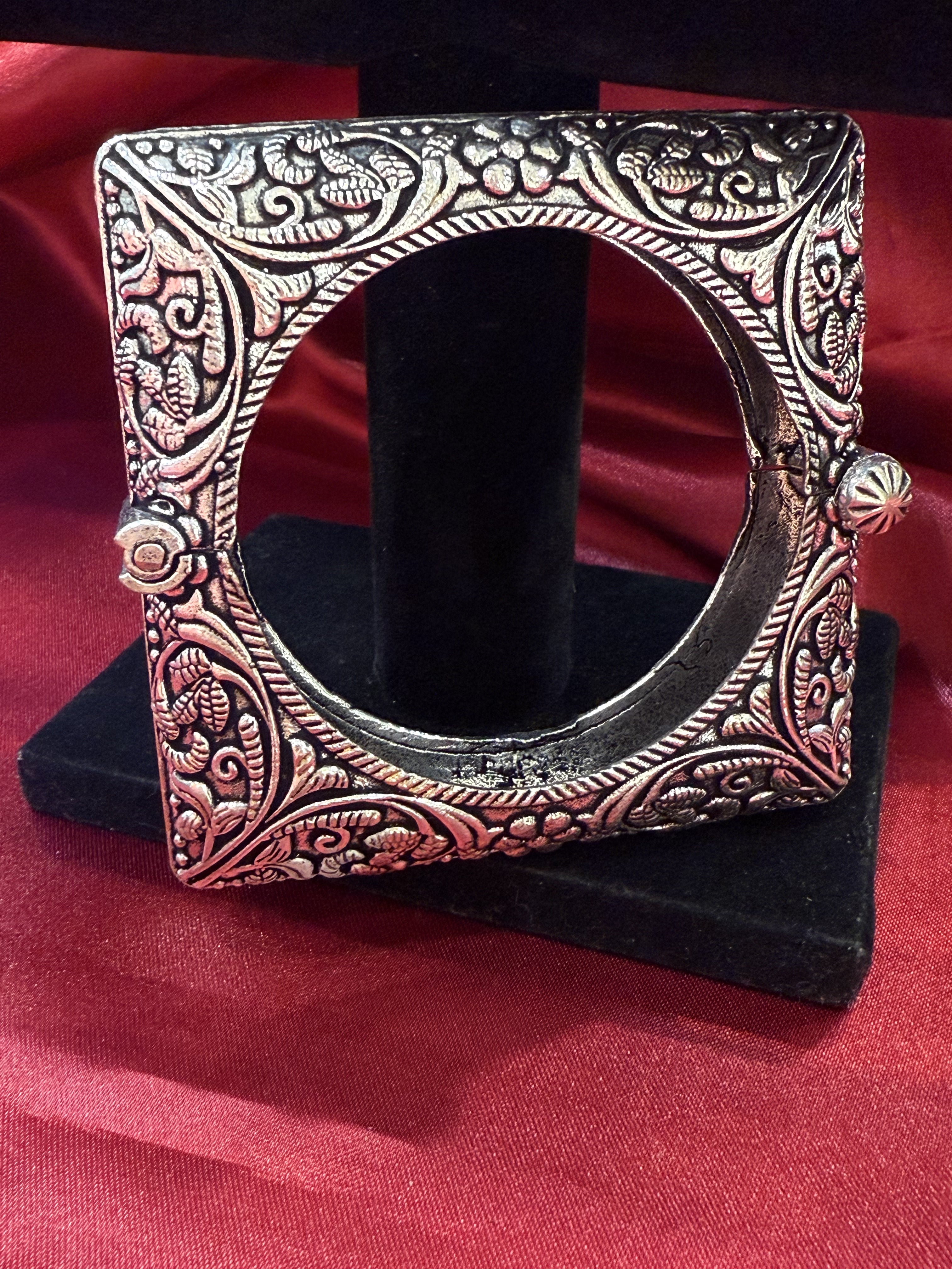 Handmade Tribal Oxidized Silver Ethnic Open Bridal Cuff Bracelet for Women - Square Design Kada Bangle - Perfect for Weddings, Boho Fashion & Festival Jewelry