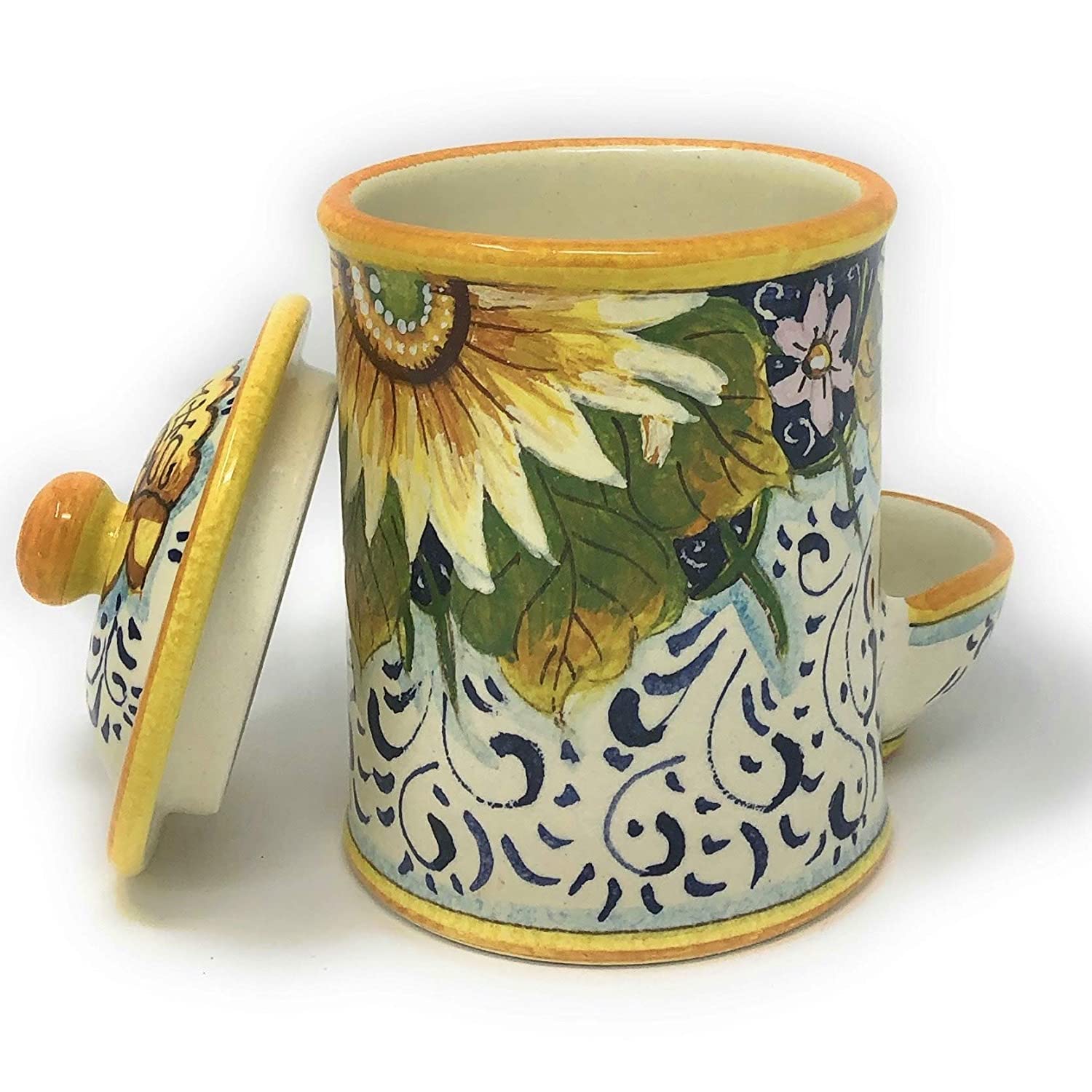 Hand-Painted Italian Ceramic Jar - Tuscan Sunflower Landscape Salt Holder | Artisanal Tuscan Pottery Made in Italy | Perfect for Kitchen Decor & Tabletop Display
