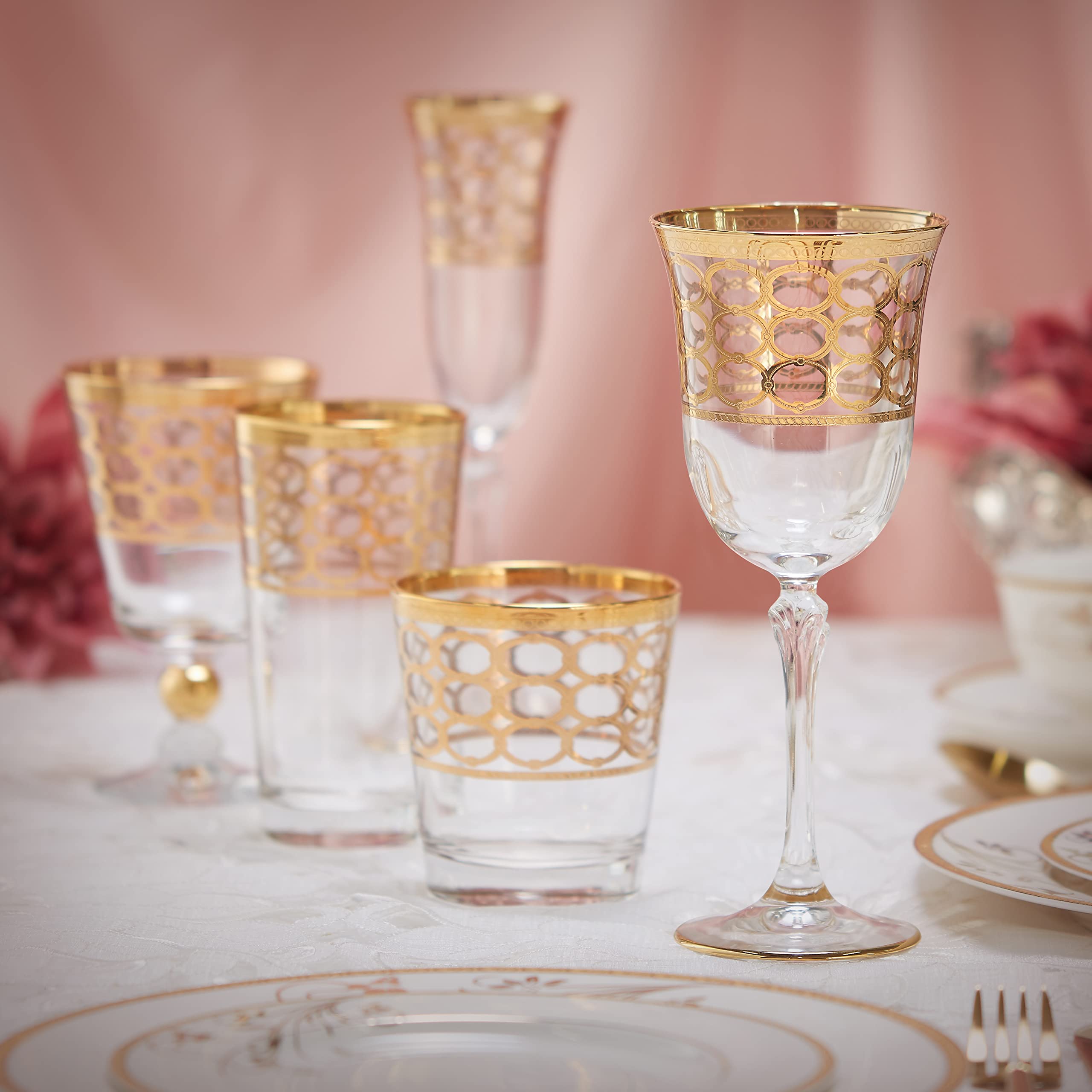 Elegant Modern Crystal Infinity Gold Ring Glassware Set of 4 - 7 oz White Wine Goblets for Parties, Weddings, and Special Events | Perfect for Hosting, Gifts, and Home Decor