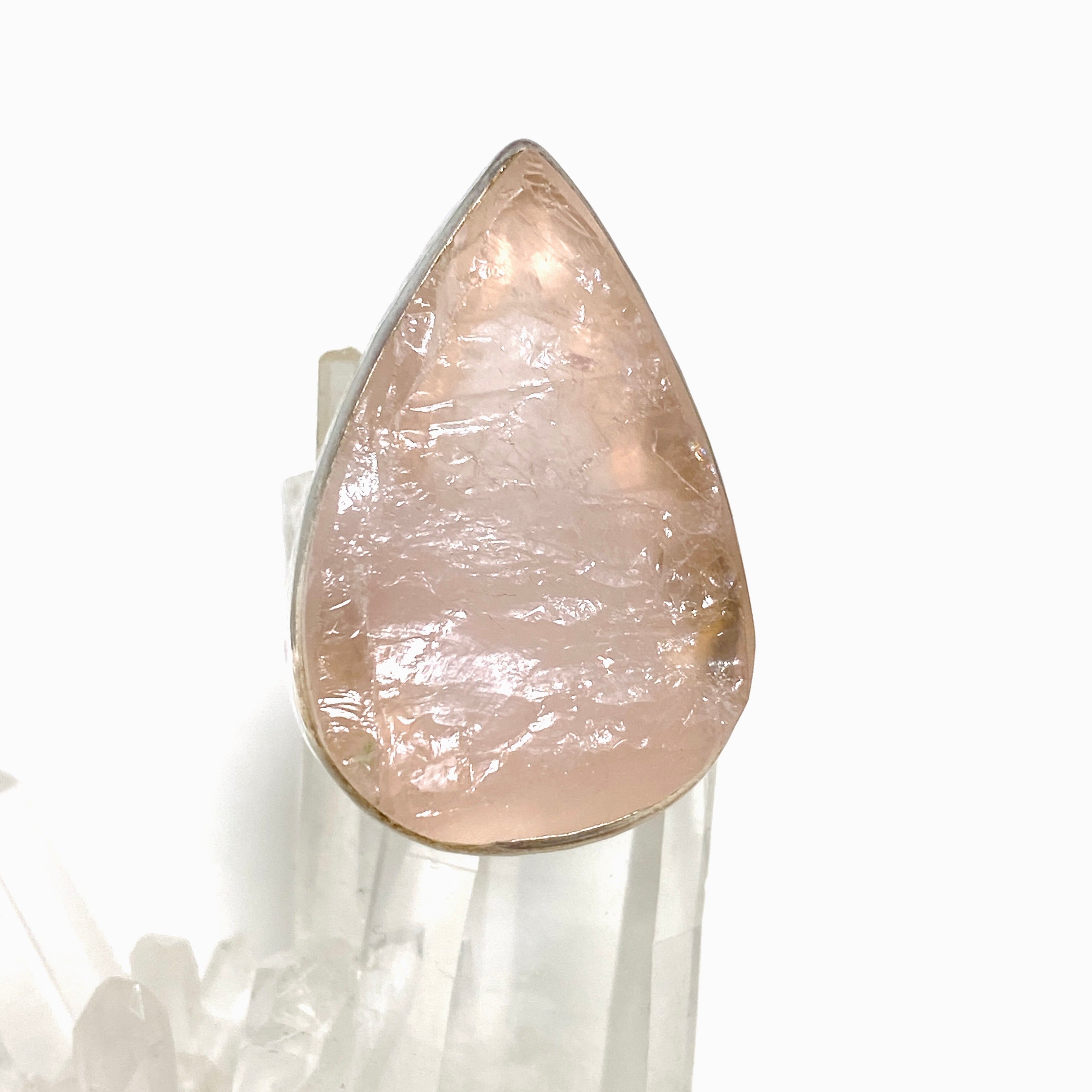 Rose Quartz Raw Teardrop Ring with Hammered Band - Size 9 (KRGJ1301) | Handmade Boho Jewelry for Women, Healing Crystal Gift for Meditation & Spiritual Wellness