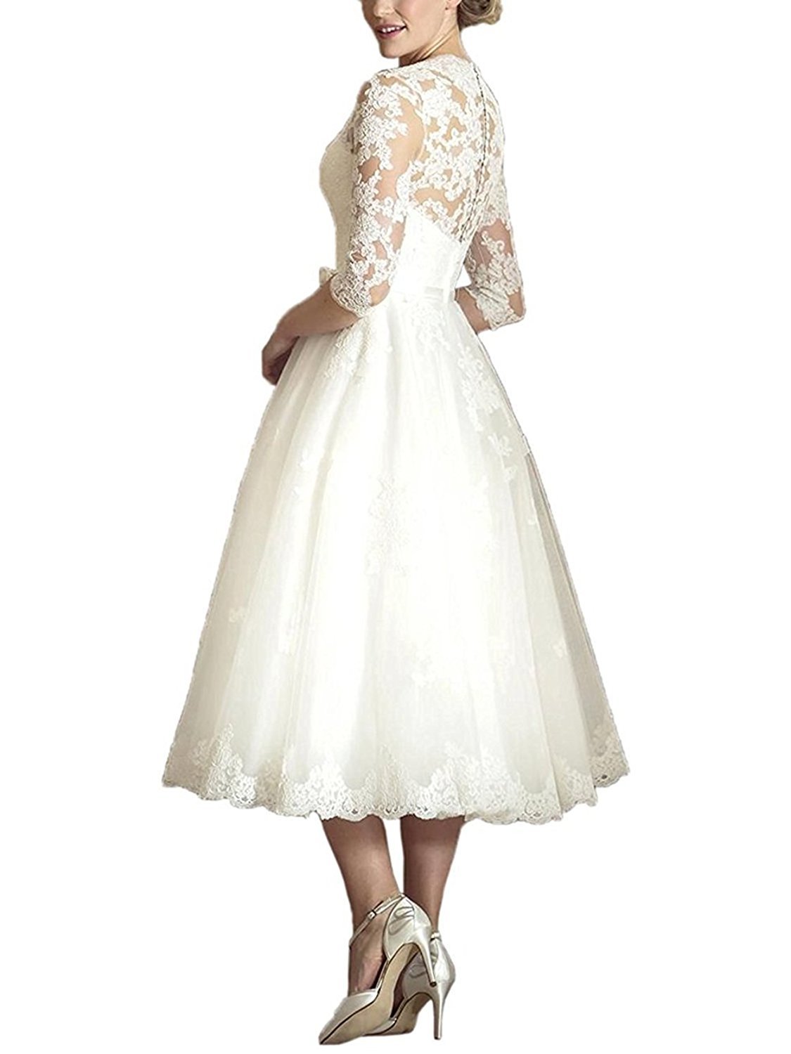 Lorderqueen Women's V-Neck Lace Wedding Dress Long Sleeve Tea-Length Bridal Gown for Church, Garden & Beach Ceremonies