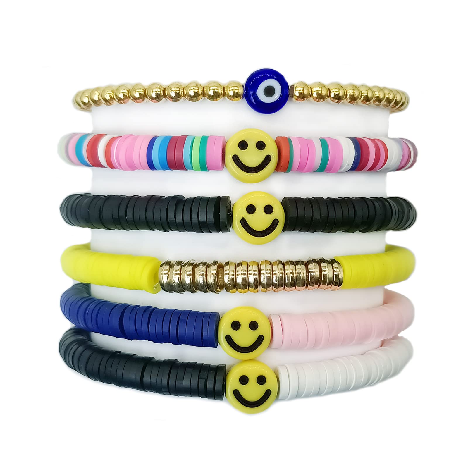 Preppy Heishi Bracelets Set for Women - Colorful Smile Beaded Surfer Bracelet, Handmade Elastic Evil Eye Bracelet, Boho Summer Beach Jewelry - Perfect for Casual Wear, Beach Parties & Festival Accessories