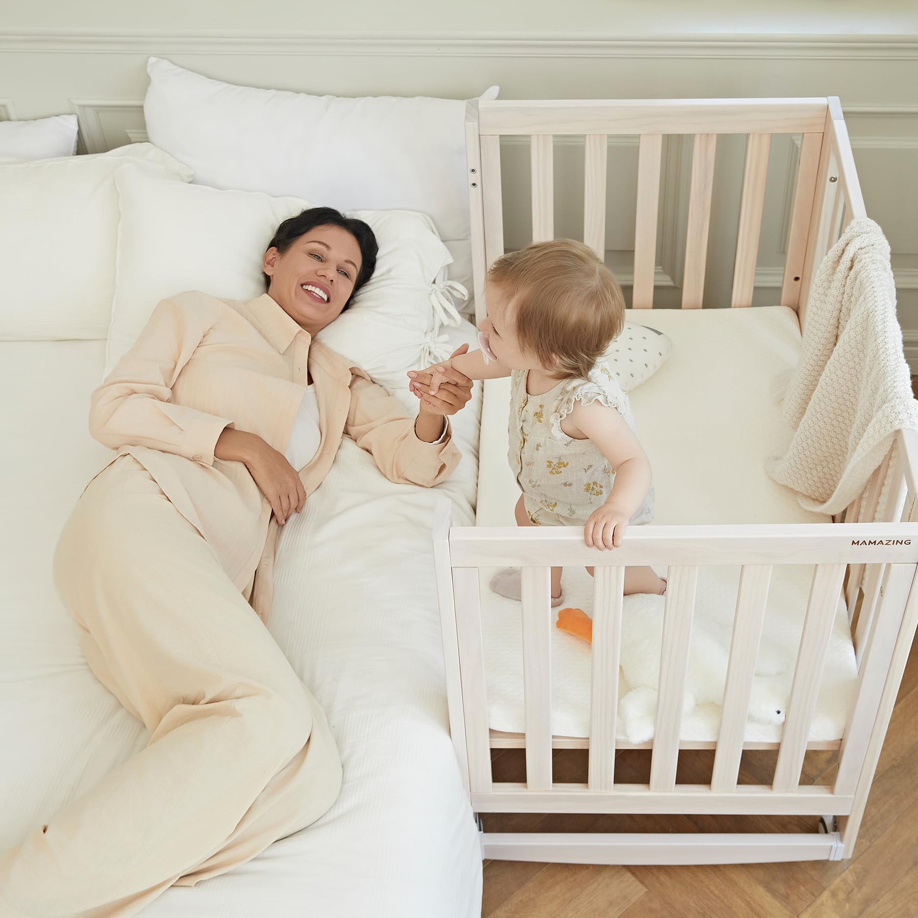 EvoNest 6-in-1 Convertible Baby Crib with Wheels | 100% New Zealand Pinewood Mini Crib | 4 Adjustable Mattress Heights | Washable Natural Finish | Perfect for Nursery, Small Spaces & Growing Babies