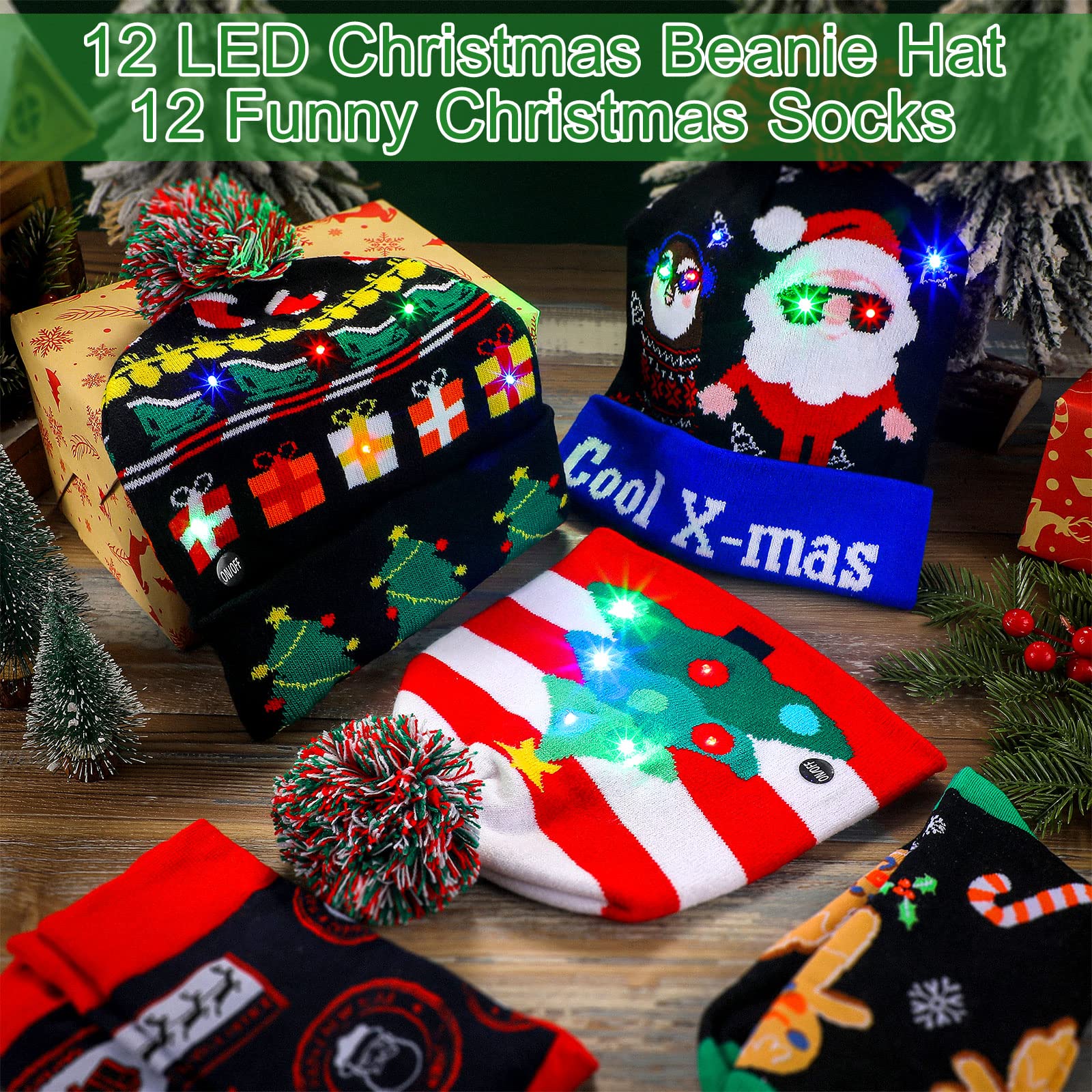 JaGely 24-Piece Christmas Light Up Hat Set - LED Knitted Beanie with Fun Crew Socks for Adults | Battery-Powered Holiday Accessories | Perfect for Christmas Parties, Gift Exchanges & Festive Celebrations
