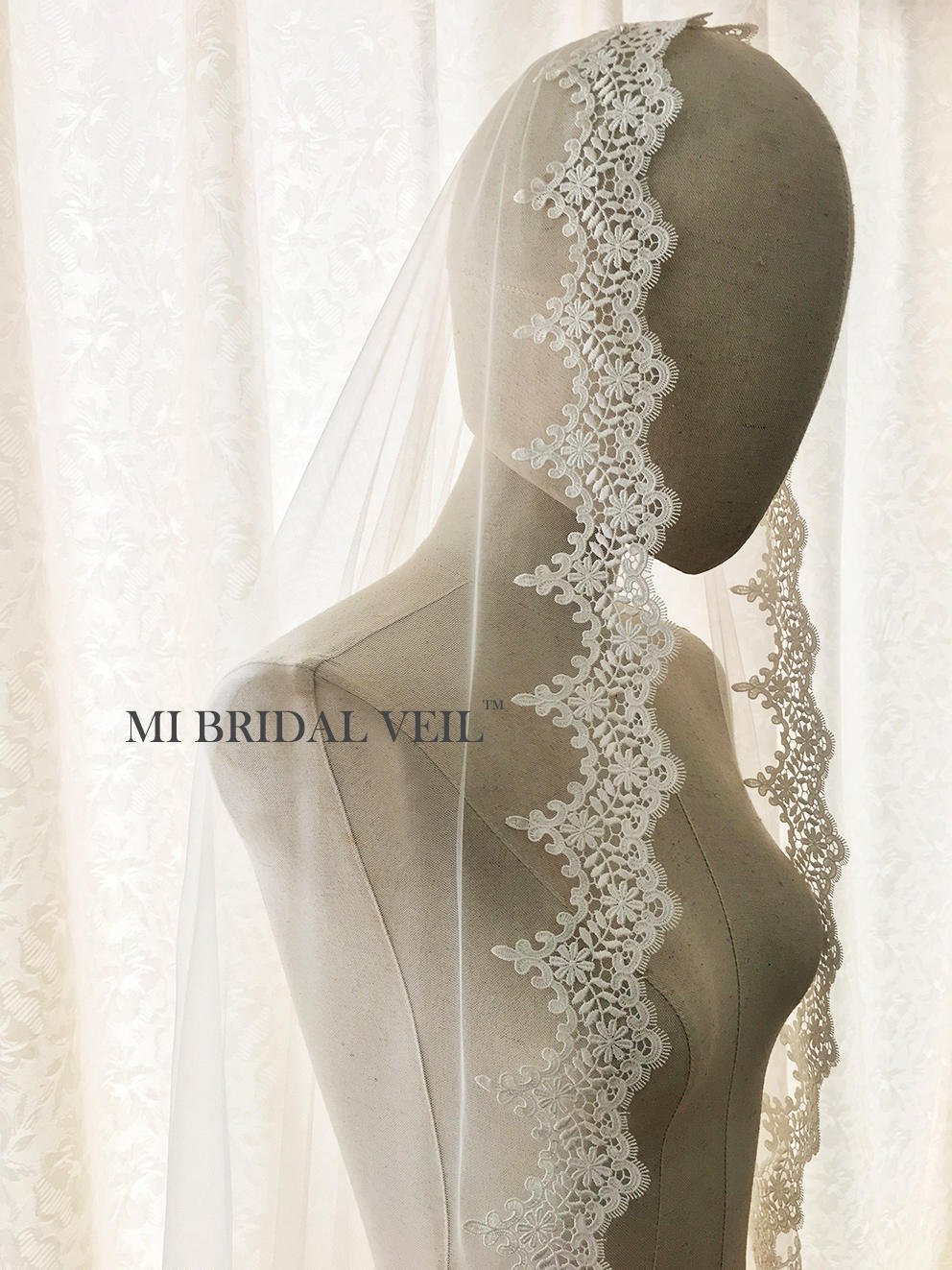 Elegant Mantilla Lace Wedding Veil with Venice Crochet & Rose Leaf Design - Perfect for Bridal Ceremonies, Church Weddings & Vintage Style Photos
