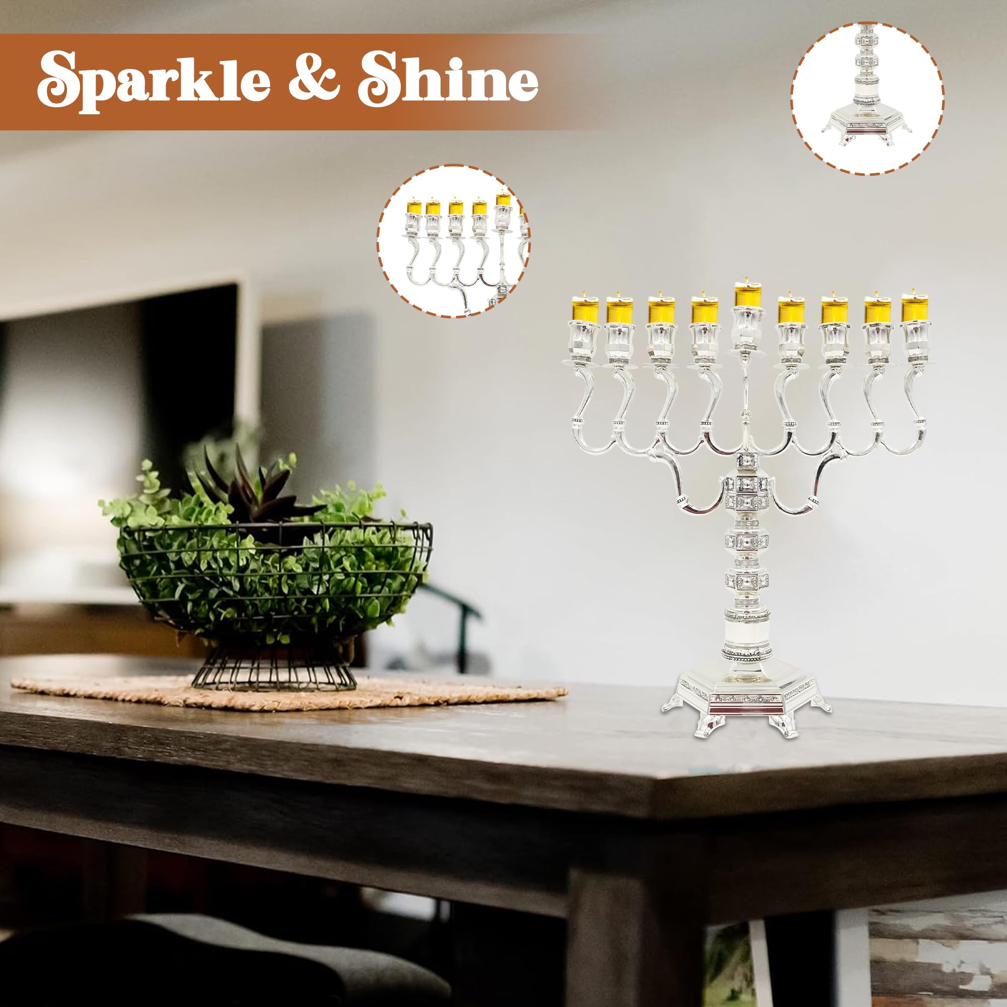 Majestic Silver-Plated Hanukkah Menorah (MN-HA19899BM) - 13.5” Height | Fits Standard Oil Cups & Large Candles | Durable & Long-Lasting | Elegant Jewish Holiday Decoration for Home, Synagogue, or Gift Giving