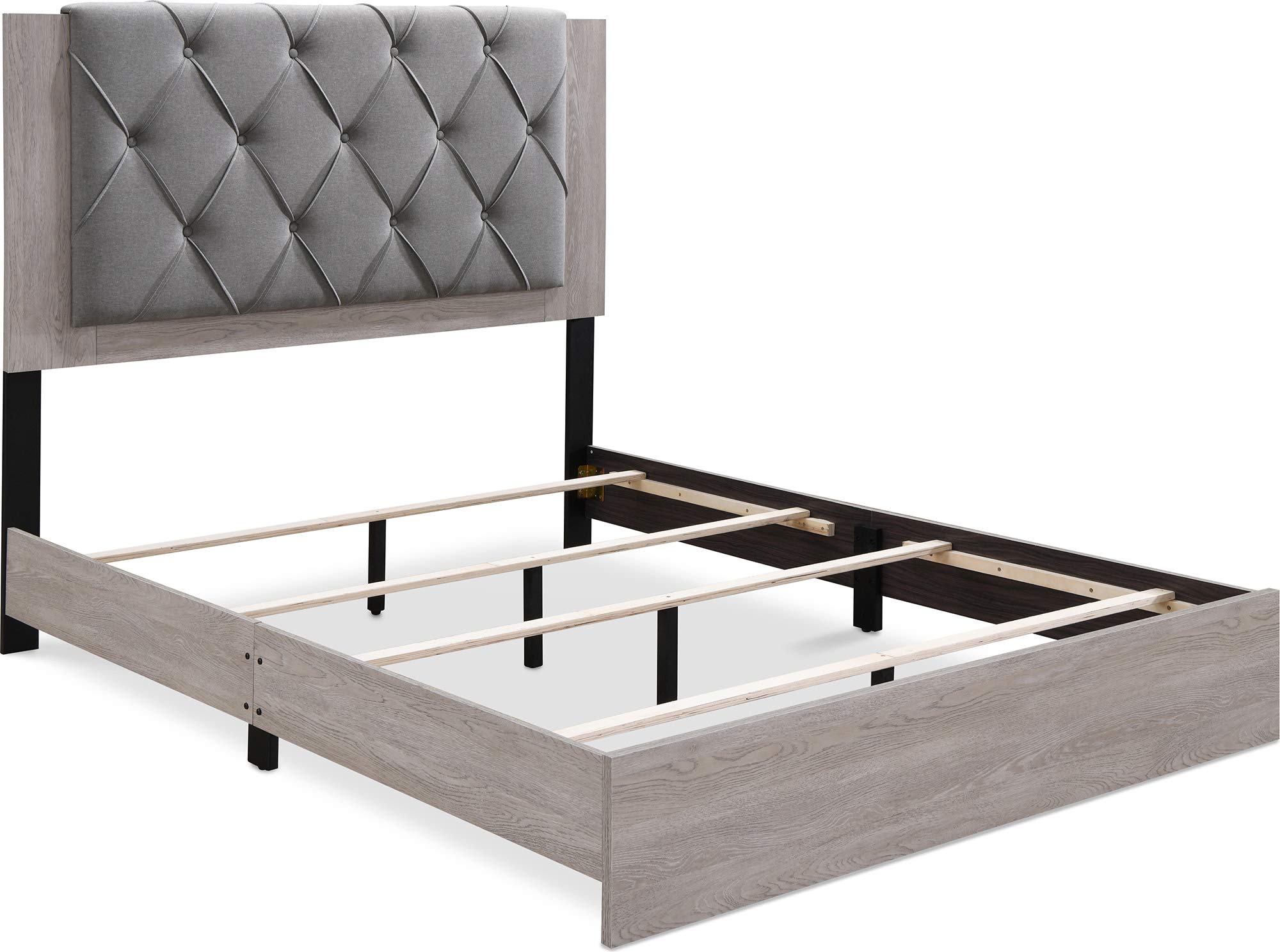 Kenton Panel Bed Frame with Diamond Tufted Upholstered Headboard - Queen Size Light Gray Platform Bed - Easy Assembly Modern Bedroom Furniture for Master Bedroom, Guest Room & Apartment