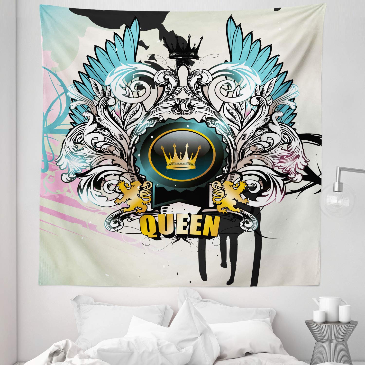 Ambesonne Queen Size Tapestry - Medieval Arms Shield with Crown Wings & Victorian Floral Design | 88x88 Inch Wall Hanging, Bedspread, Bed Cover for Home Decor | Perfect for Bedroom, Living Room, Dorm or Gothic Themed Decor