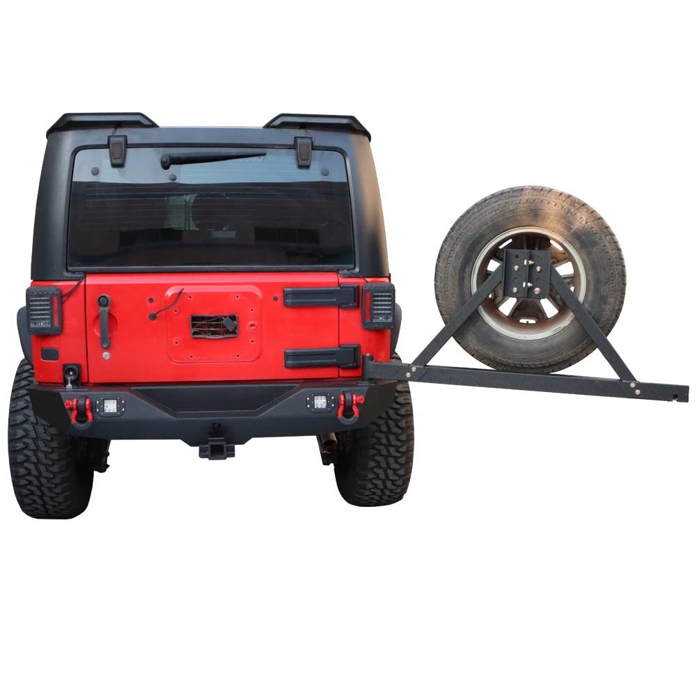 Black Textured Rear Bumper with Spare Tire Rack, 2x 24W LED Lights & 2x 4.75T D-Rings for 2007-2017 Jeep Wrangler JK/JKU - Off-Road Protection & Adventure Ready