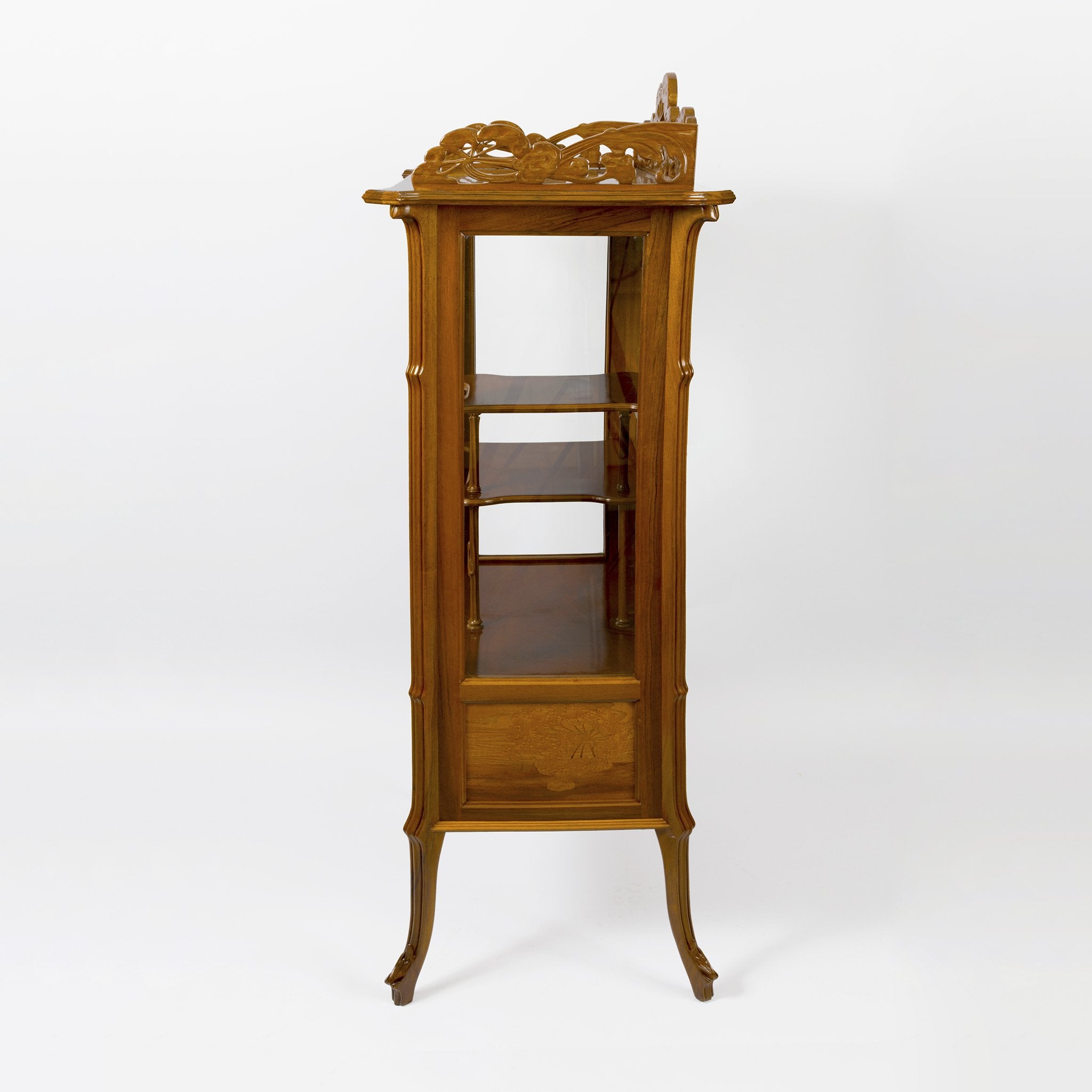 Emile Galle Ombelliferes Fruitwood Marquetry Display Cabinet - Antique French Vitrine for Living Room, Dining Room & Office Decor