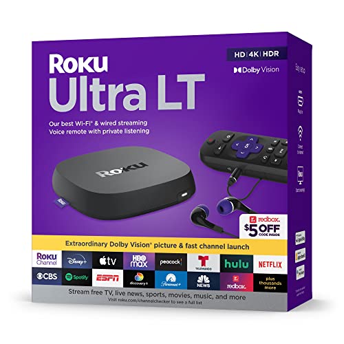Roku Ultra LT 4K/HDR Streaming Media Player with Voice Remote, HDMI & Headphone Jack - Watch Netflix, Hulu, Disney+ in HD - Perfect for Home Theater & Entertainment Systems (Black)