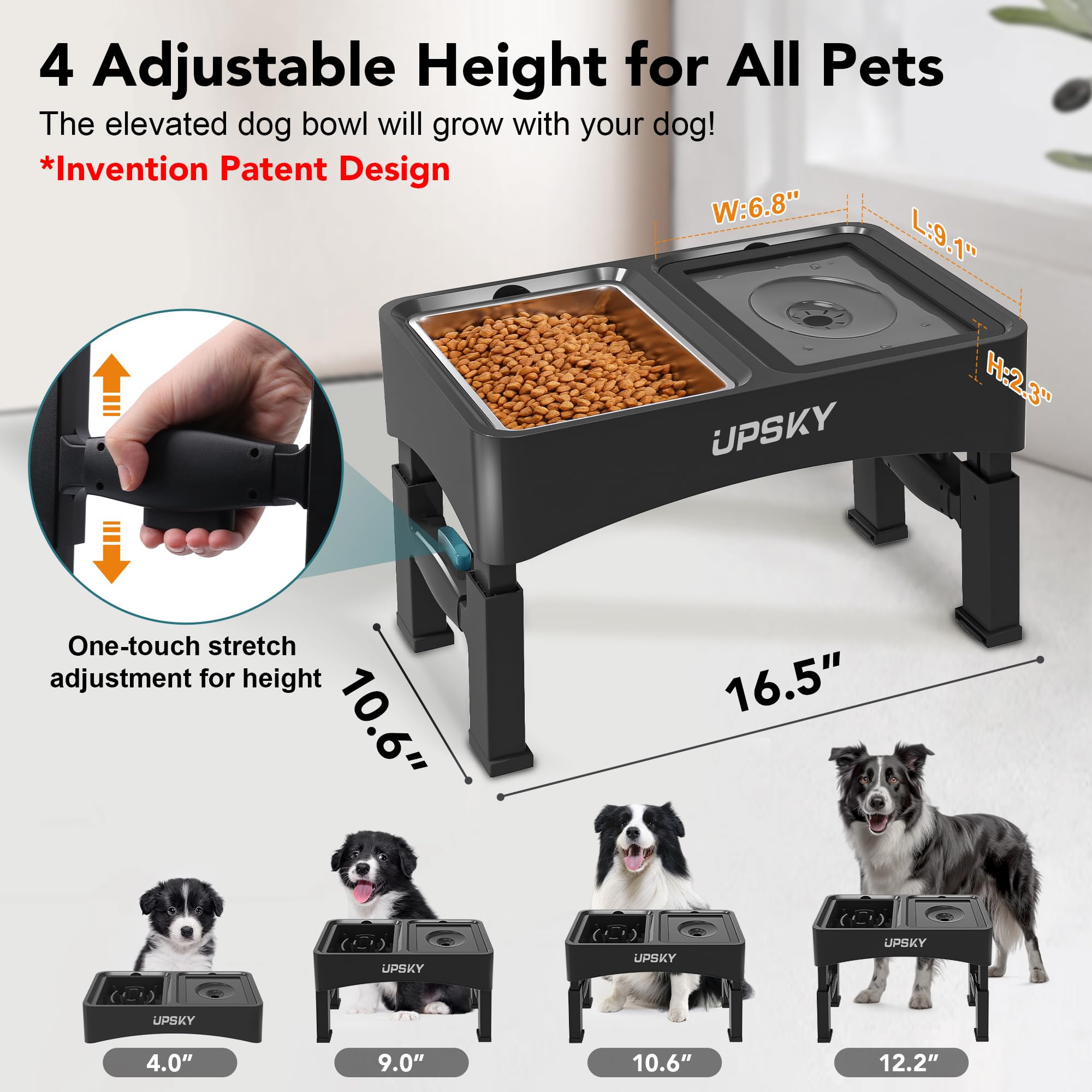 UPSKY 3-in-1 Elevated Dog Bowls with Slow Feeder & No-Spill Stand - Adjustable Height Stainless Steel Pet Food Bowls for Small & Medium Dogs - Perfect for Mealtime, Training, and Travel Use
