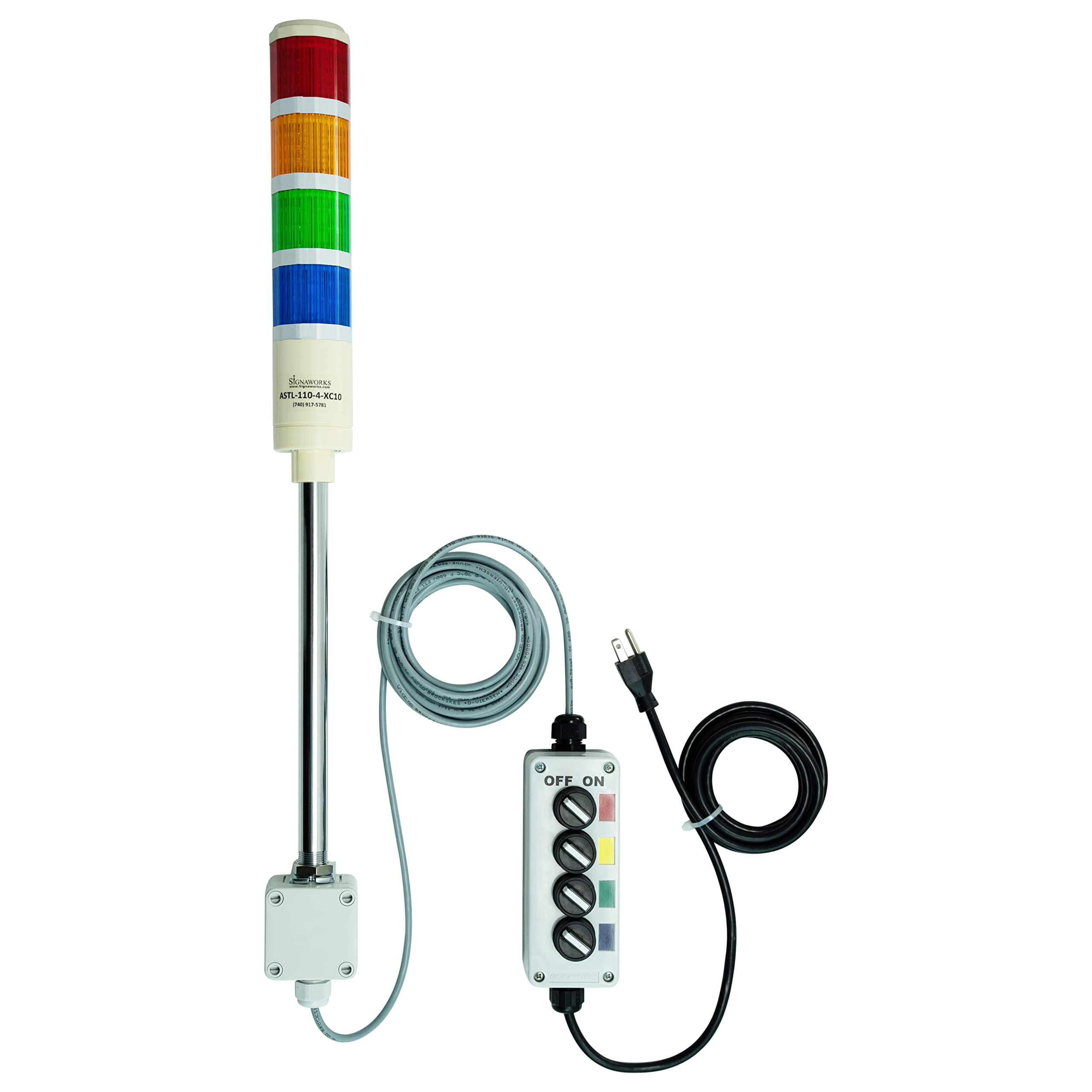 Signaworks 4 Stack Super Bright LED Andon Tower Light - Red/Amber/Green/Blue with 10ft Extended Cable & 4 Switch Box | Plug & Play Ready | 8ft Industrial Power Cord | Made in USA | Perfect for Factory Automation, Warehouse Alert Systems & Industrial Safety Signaling