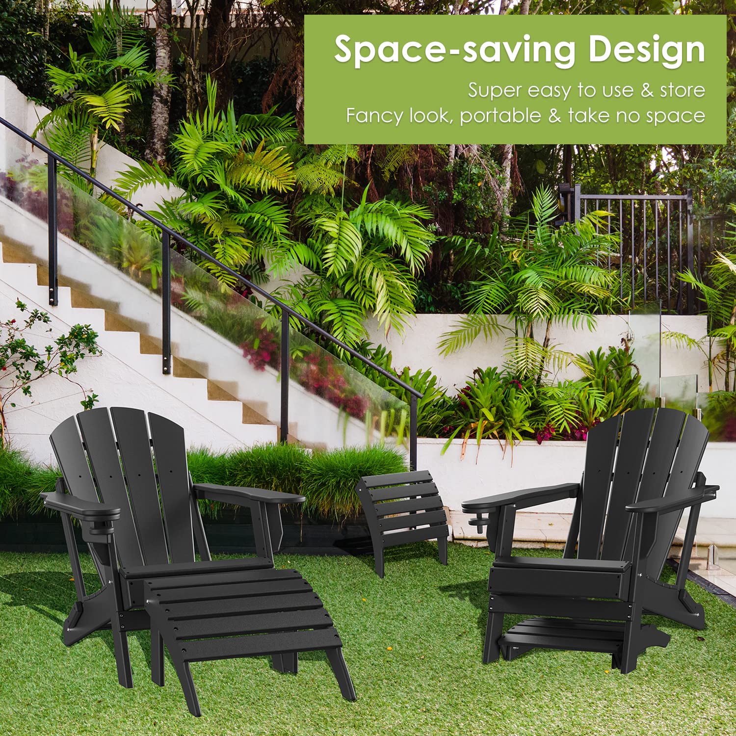**Adirondack Ottoman - Foldable HDPE Plastic Outdoor Footrest Stool for Adirondack Chairs - All-Weather Black Foot Stool for Patio, Backyard & Poolside Relaxation**