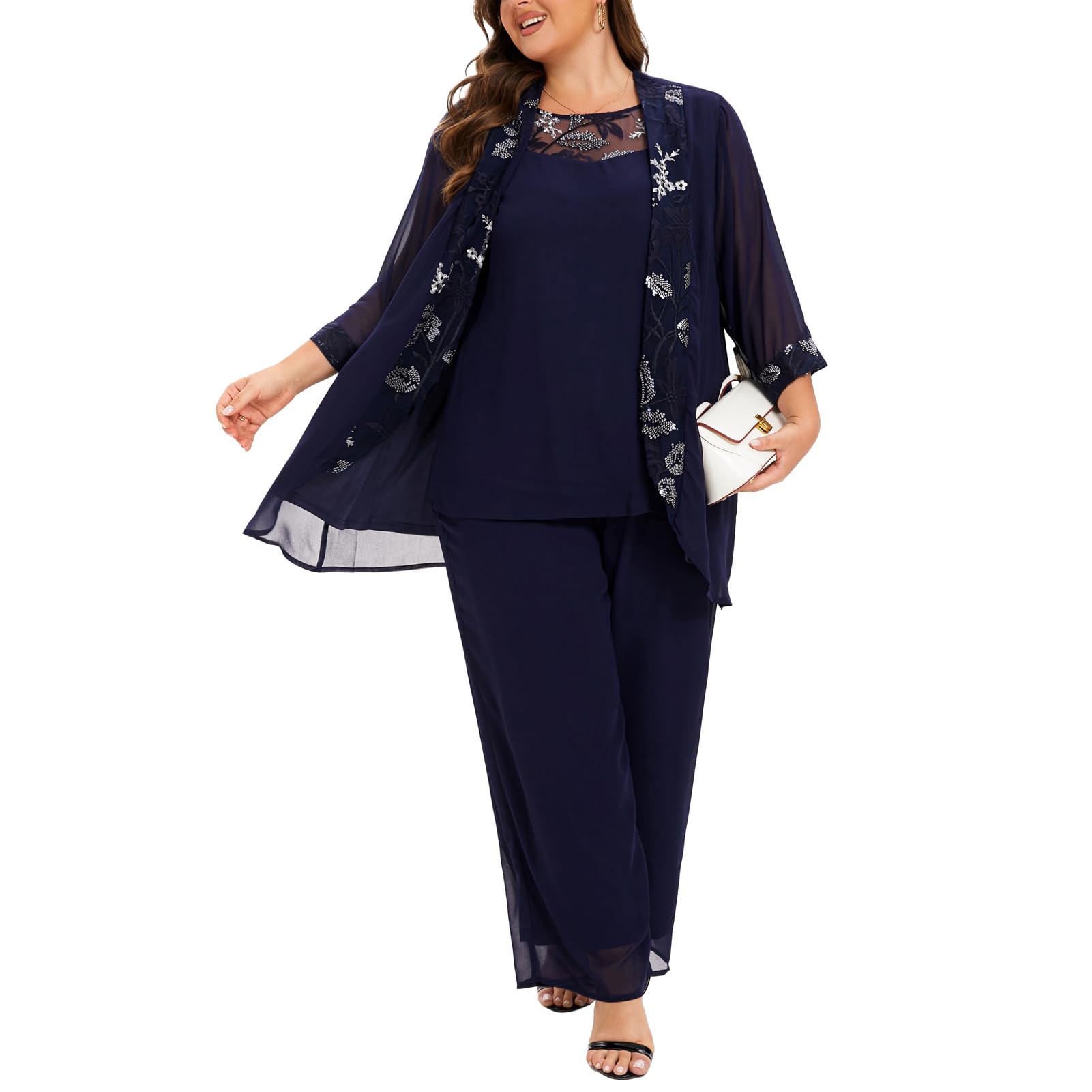 Plus Size Women's 3-Piece Chiffon Wedding Pant Suit Set - Elegant Mother of The Bride/Groom Outfit for Evening Parties, Receptions & Formal Events