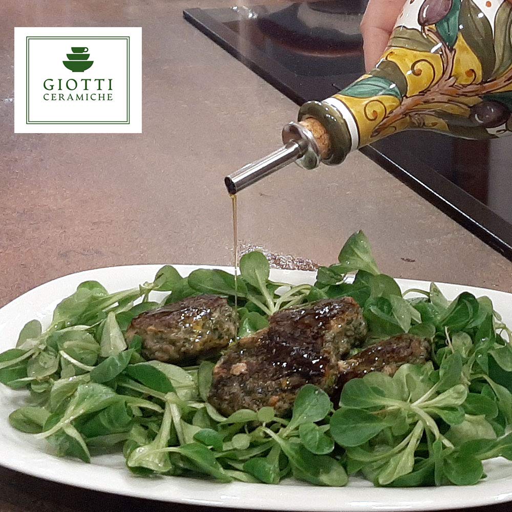 Italian Hand-Painted Ceramic Oil and Vinegar Dispenser Set - Tuscan Olive Design Kitchen Decor - Made in Italy - Perfect for Dining Tables, Kitchen Countertops & Gift Giving