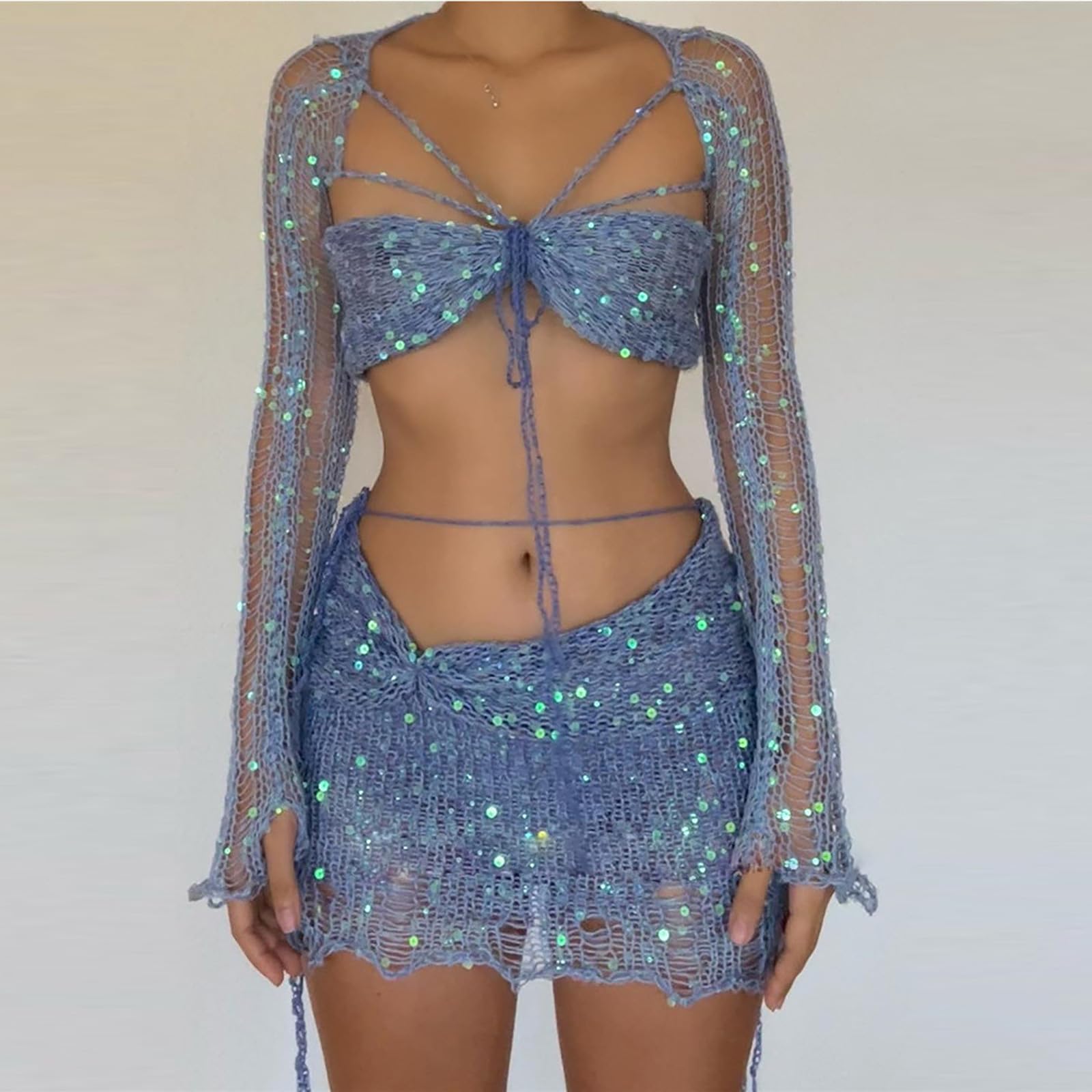 Women's Sexy Sequin Eyelet Crochet Swimsuits Cover Up Sets - Hawaiian Beach Lounge Matching Bikini & Skirt Outfit for Summer Vacations, Pool Parties & Tropical Getaways