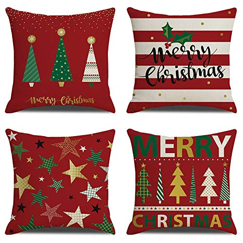 Merry Christmas Pillow Covers 18x18 Inches - Set of 4 Square Linen Cushion Covers for Sofa, Couch & Home Decor - Holiday Decorative Throw Pillowcases for Living Room, Bedroom & Christmas Party Decorations