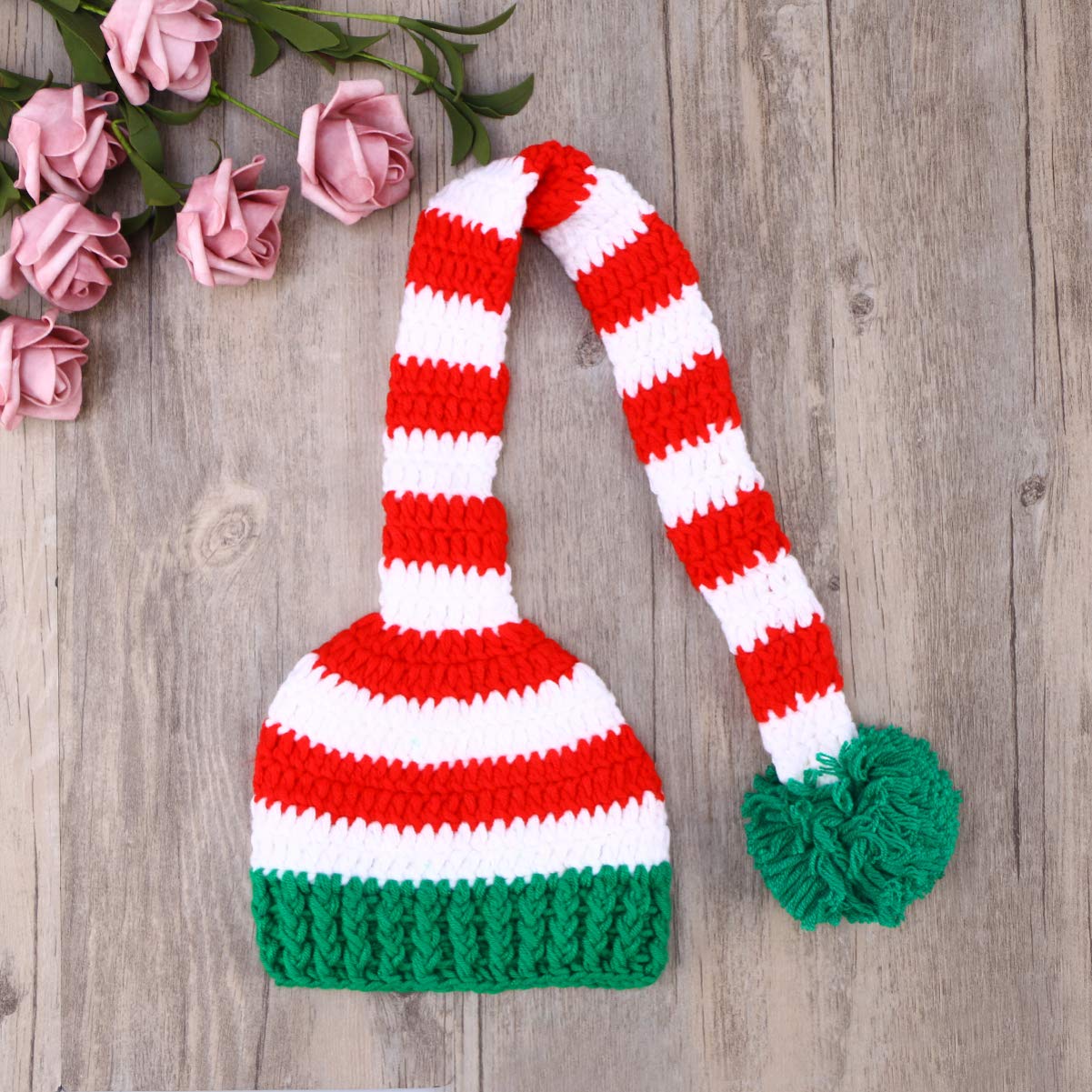 Baby Christmas Long Tail Crochet Beanie Knit Hat - Newborn Photoshoot Prop & Stocking Cap for Holiday Pictures, Winter Newborn Photography, Xmas Gift & Seasonal Accessories