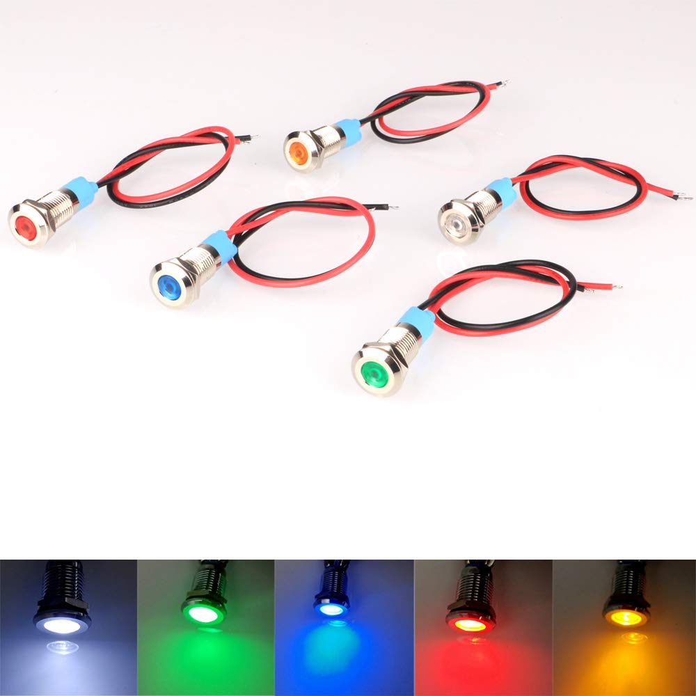 5Pcs 8mm LED Metal Indicator Light - AC/DC 12-24V Waterproof Signal Lamp with Wire - for Car Dashboard, Marine, Industrial Equipment & DIY Projects
