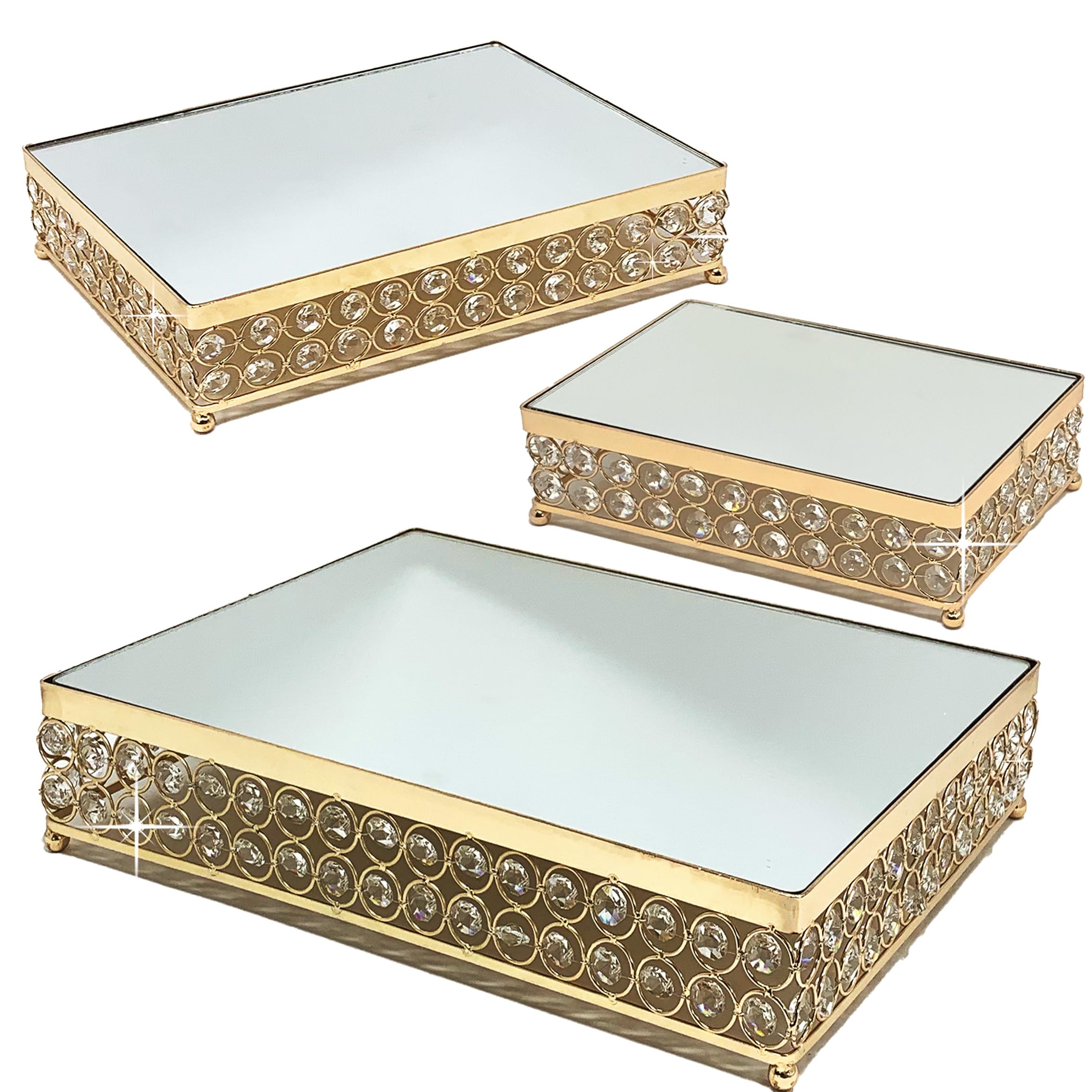 Allgala 3-Piece Gold Plated Crystal Wedding Cake Stand Set with Mirror Plate - Elegant Rectangle Dessert Display for Weddings, Birthdays & Special Events (Model HD89203)