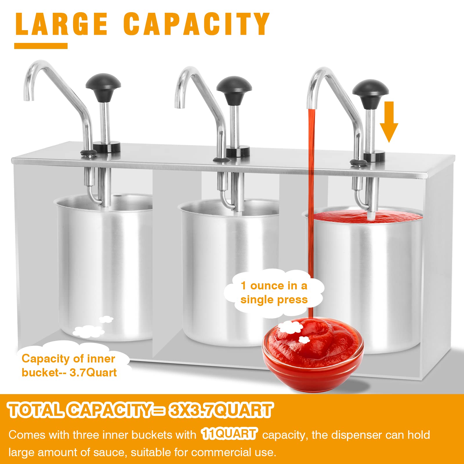 11 Quart Stainless Steel Commercial Sauce Dispenser Pump - Heavy Duty Condiment Pump Station for Ketchup, Syrup, Dressing & BBQ Sauce | Perfect for Restaurants, Catering & Food Service Businesses