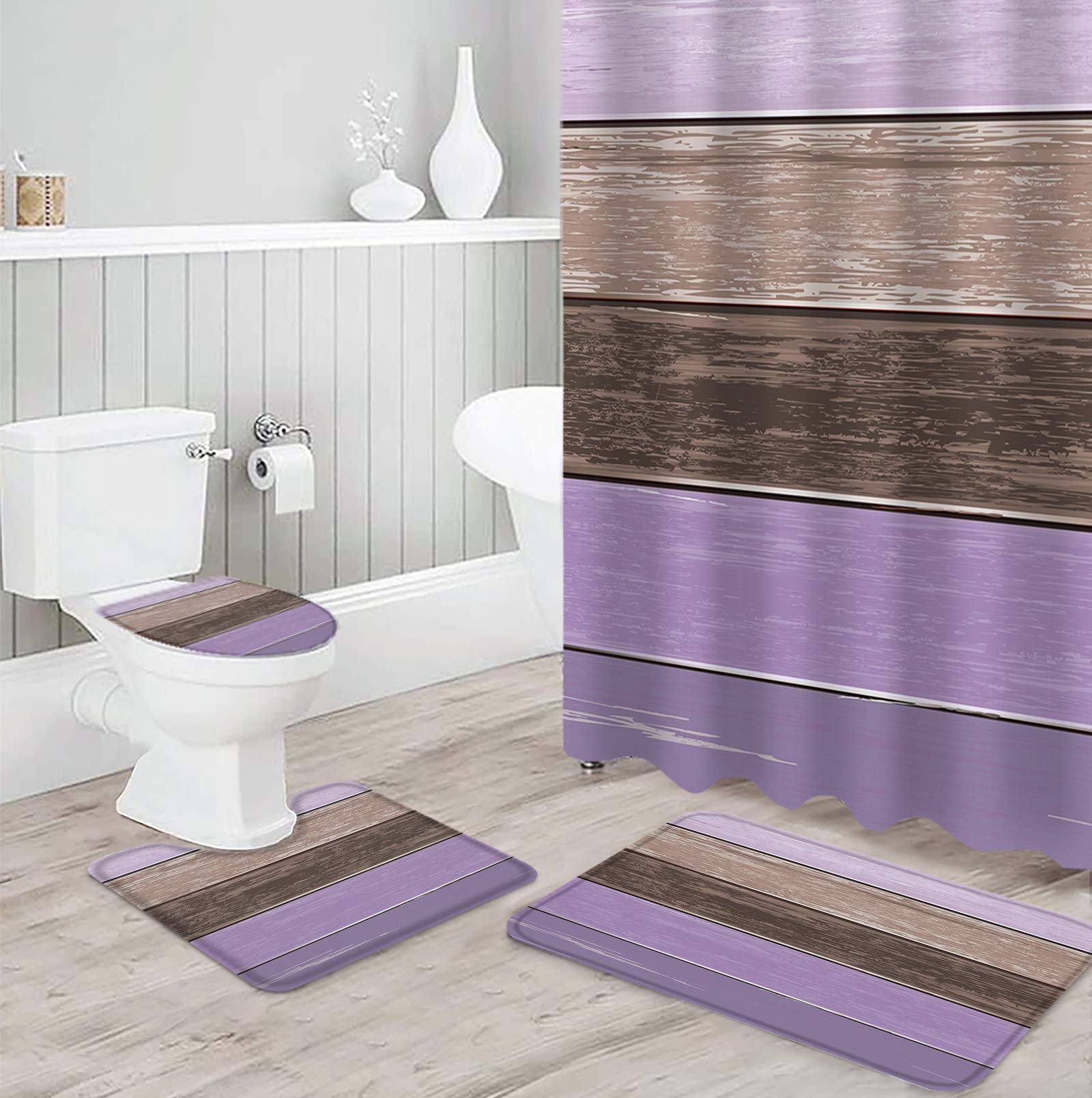 4-Piece Rustic Purple Brown Gradient Wood Plank Bathroom Set - Shower Curtain, Non-Slip Bath Mats, Toilet Lid Cover & U-Shaped Carpet - Farmhouse Decor for Bathroom, Waterproof & Stylish - Perfect for Farmhouse, Vintage, or Rustic Bathroom Themes
