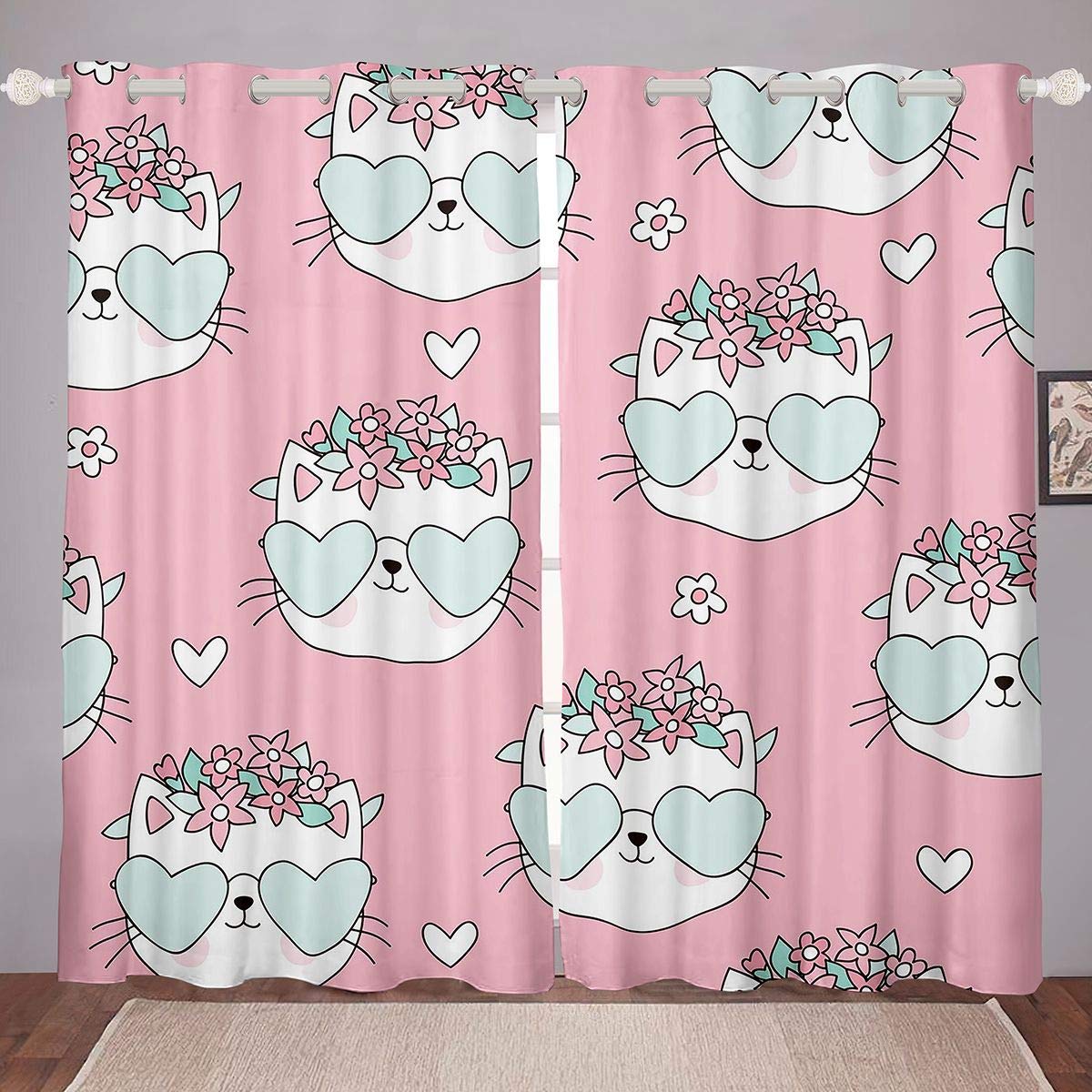Cute Cat Curtains for Kids Room - Cartoon Pet Window Drapes (52x84 Inch) - Perfect for Nursery & Bedroom Decor
