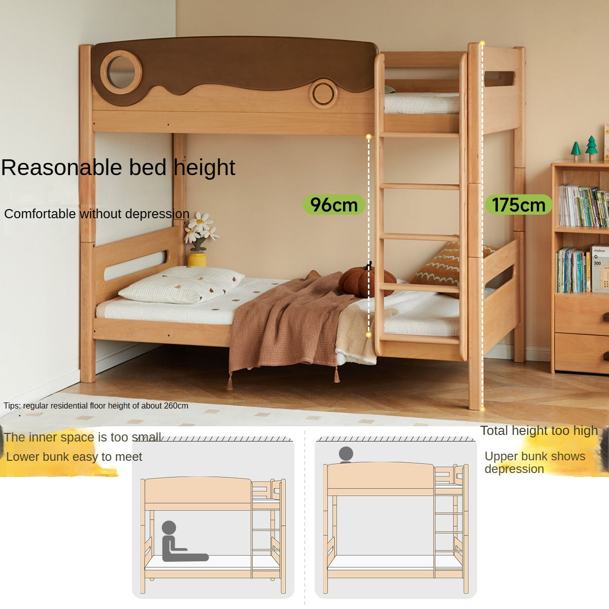Solid Beech Wood Bunk Bed with Guardrails - Sturdy & Safe for Kids' Bedroom, Dormitory, or Guest Room