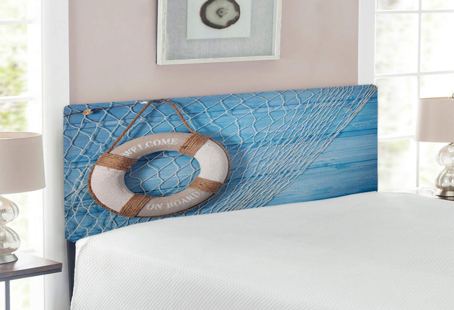 Ambesonne Coastal Upholstered Headboard - Shabby Chic Blue Plank Design with Memory Foam, Full Size Bed Frame in Vintage Pale Brown & Blue | Perfect for Beach House, Coastal Bedroom & Boho Decor