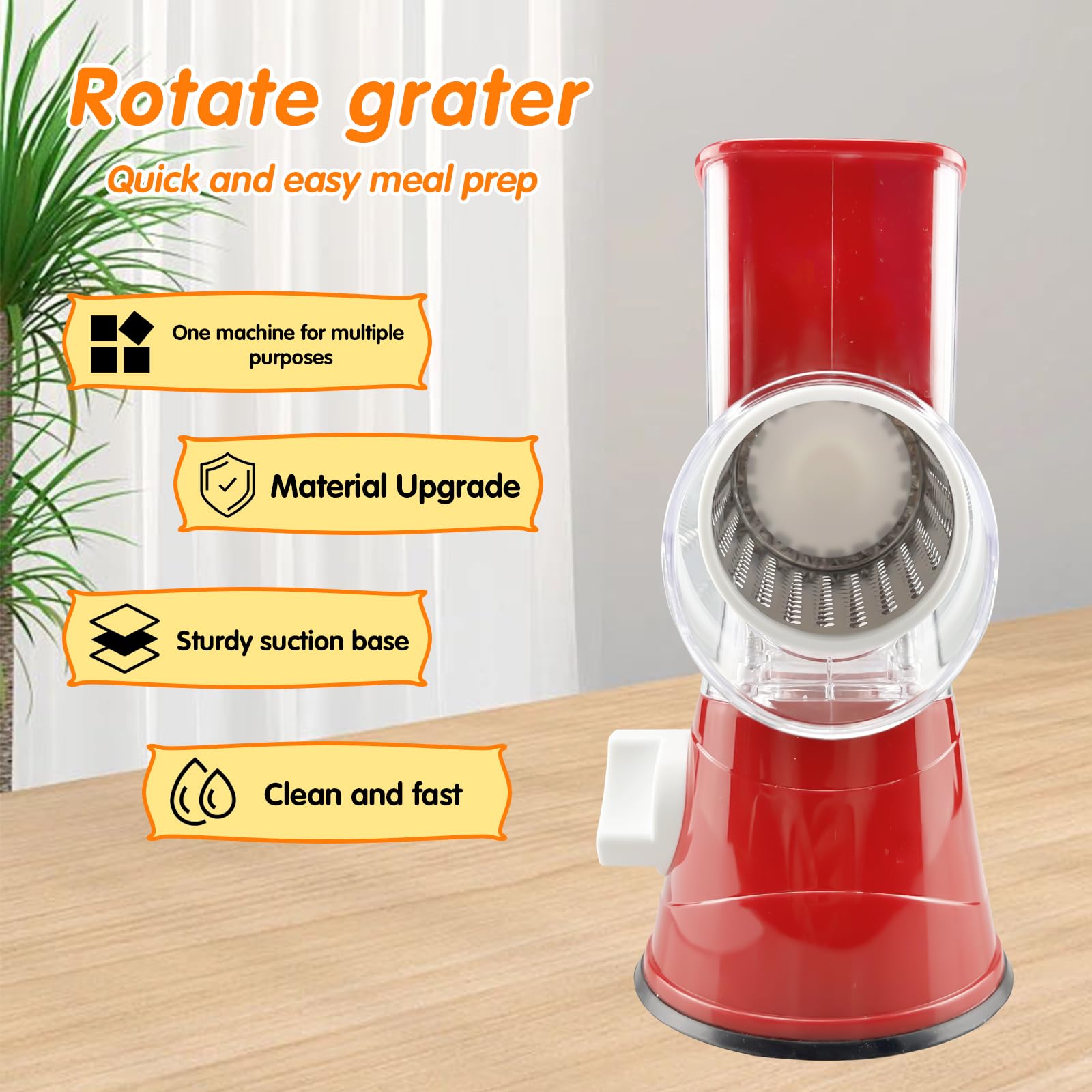 Rotary Cheese Grater - Manual Hand Crank Cheese Shredder with 3 Interchangeable Blades & Strong Suction Base - Perfect for Shredding Cheese, Vegetables, Nuts - Ideal for Kitchen, Camping, Picnics & Parties