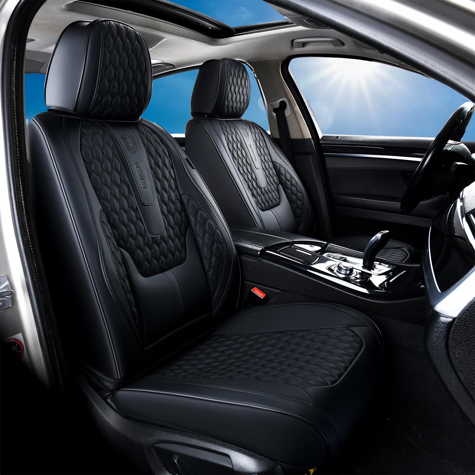 Premium Nappa Leather Car Seat Covers Full Set - Universal Fit for Most Cars, SUVs & Trucks | Waterproof Seat Protectors with Lumbar Support (Black) | Perfect for Daily Commute, Road Trips & Family Travel