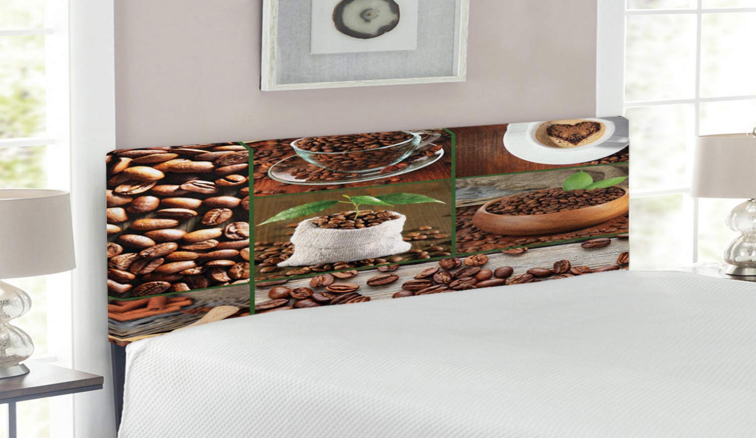 Ambesonne Brown Queen Size Upholstered Headboard - Coffee Beans in Cups & Bags with Green Leaves Wooden Table Photo Design, Memory Foam Decorative Metal Bed Frame Headboard (Brown/Green) for Bedroom Decor & Cozy Home Makeover