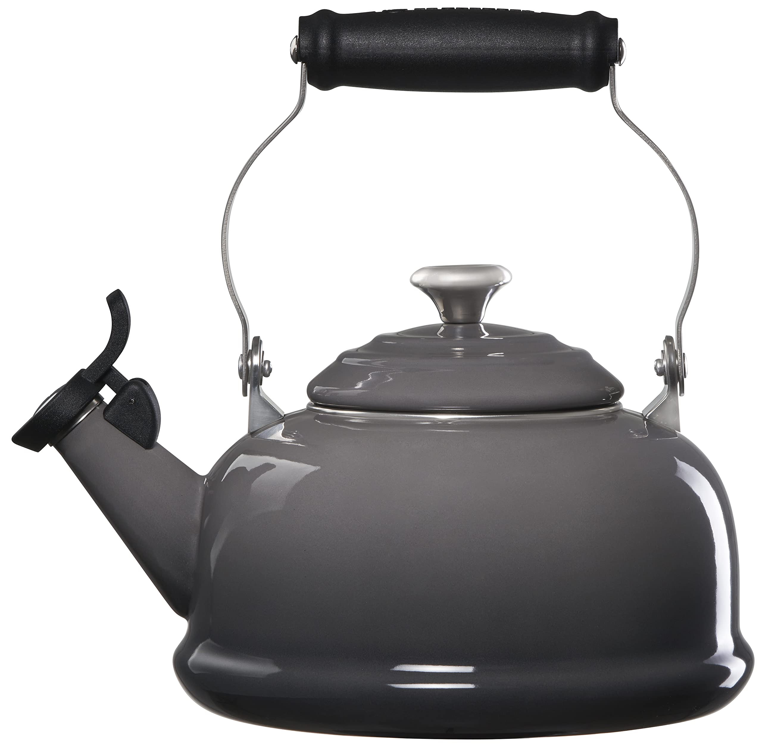 Le Creuset 1.7 qt. Enameled Steel Whistling Tea Kettle - Oyster Color with Metal Finishes | Stovetop Safe for Gas & Electric | Perfect for Home, Office & Tea Lovers