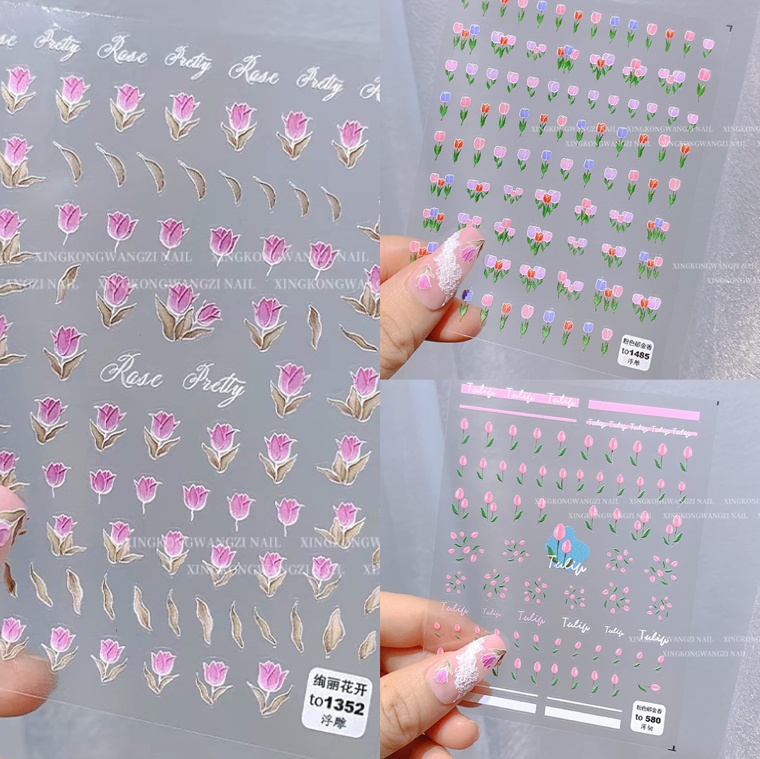 Tulip Nail Art Stickers - Floral Nail Decals for Spring, Embossed Flower Nail Stickers (3 Sheets) | Perfect for DIY Manicures, Nail Salon Decorations & Spring Nail Designs