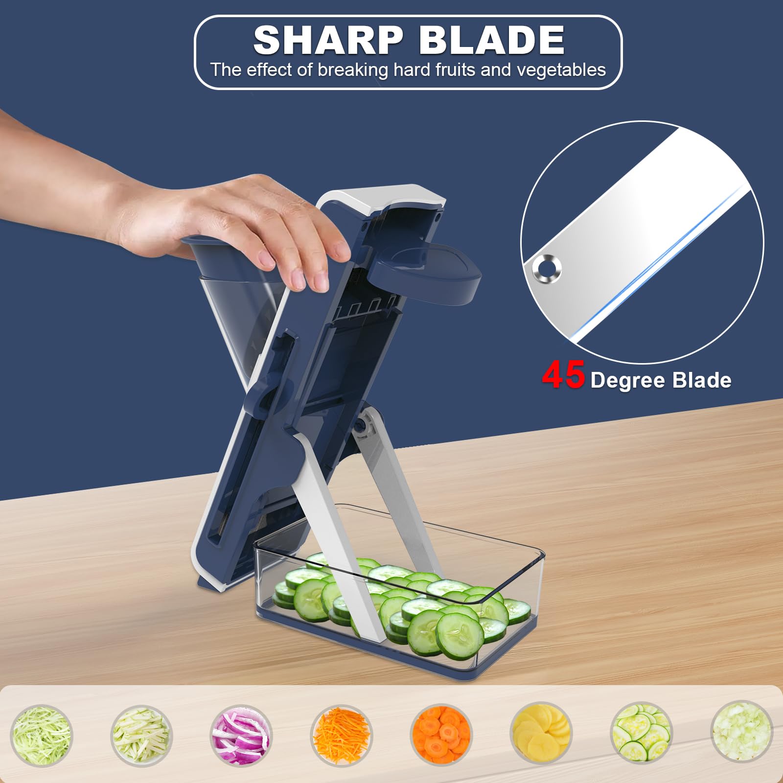 Premium Mandoline Slicer for Kitchen - 5-in-1 Vegetable Food Chopper & Cucumber Slicer with Detachable Blades | Easy to Clean & Safe Kitchen Gadget (White & Blue) | Perfect for Salads, Meal Prep & Healthy Cooking